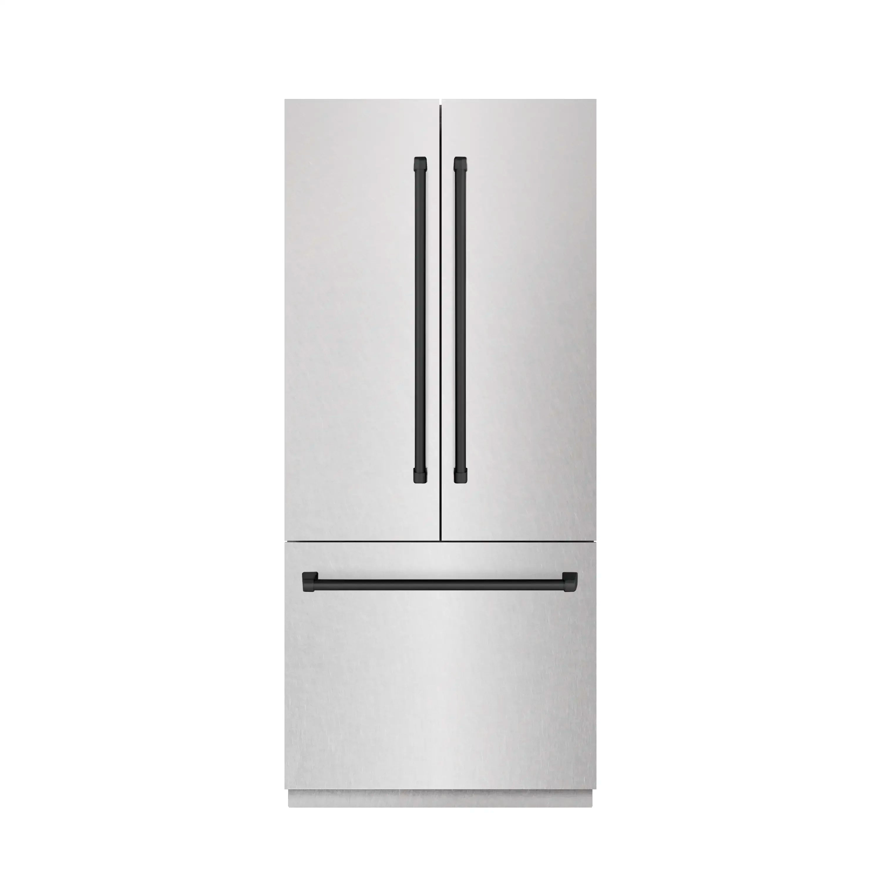 Satin stainless steel French door bottom freezer refrigerator with black pull handle