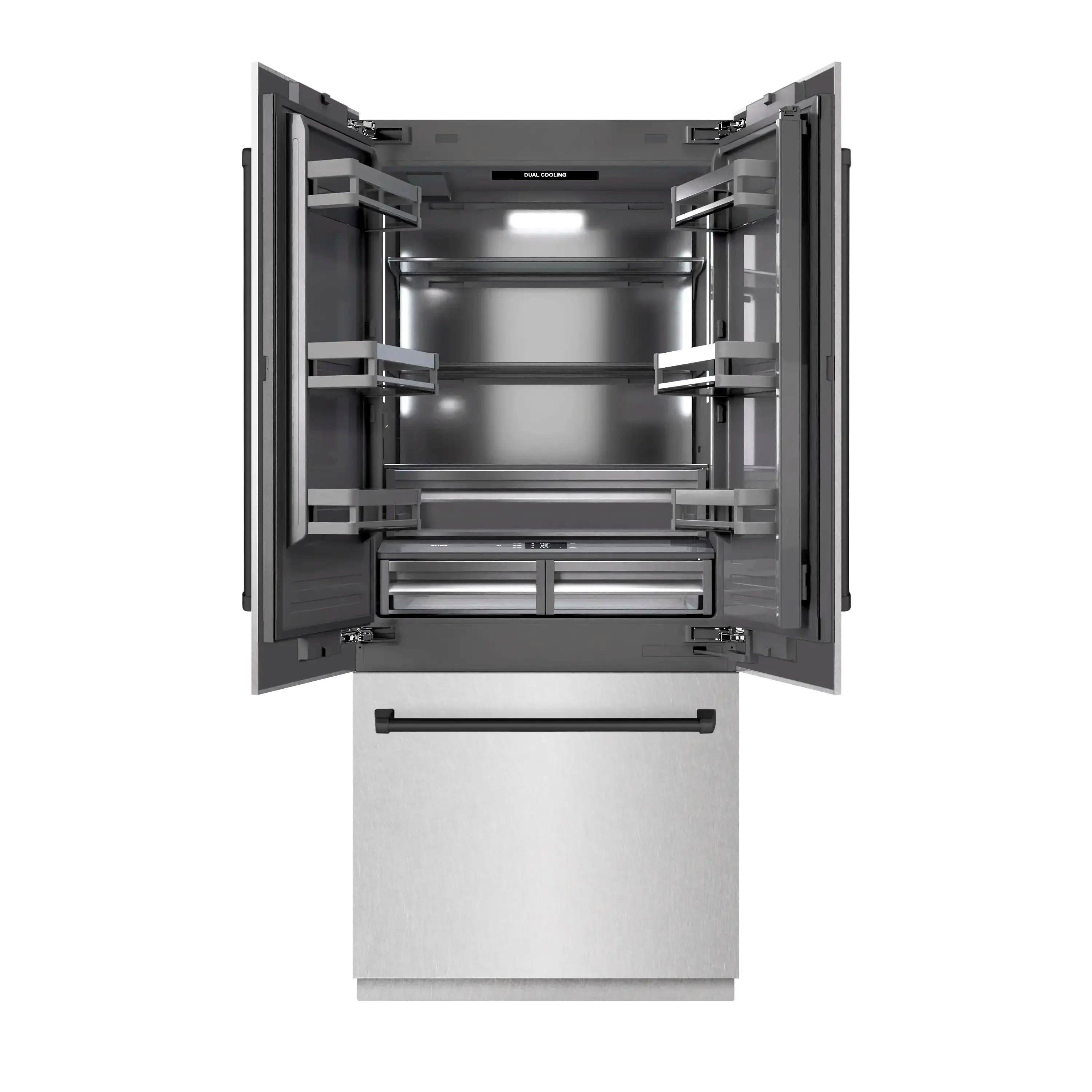 French door bottom freezer refrigerator with open doors and adjustable interior shelving