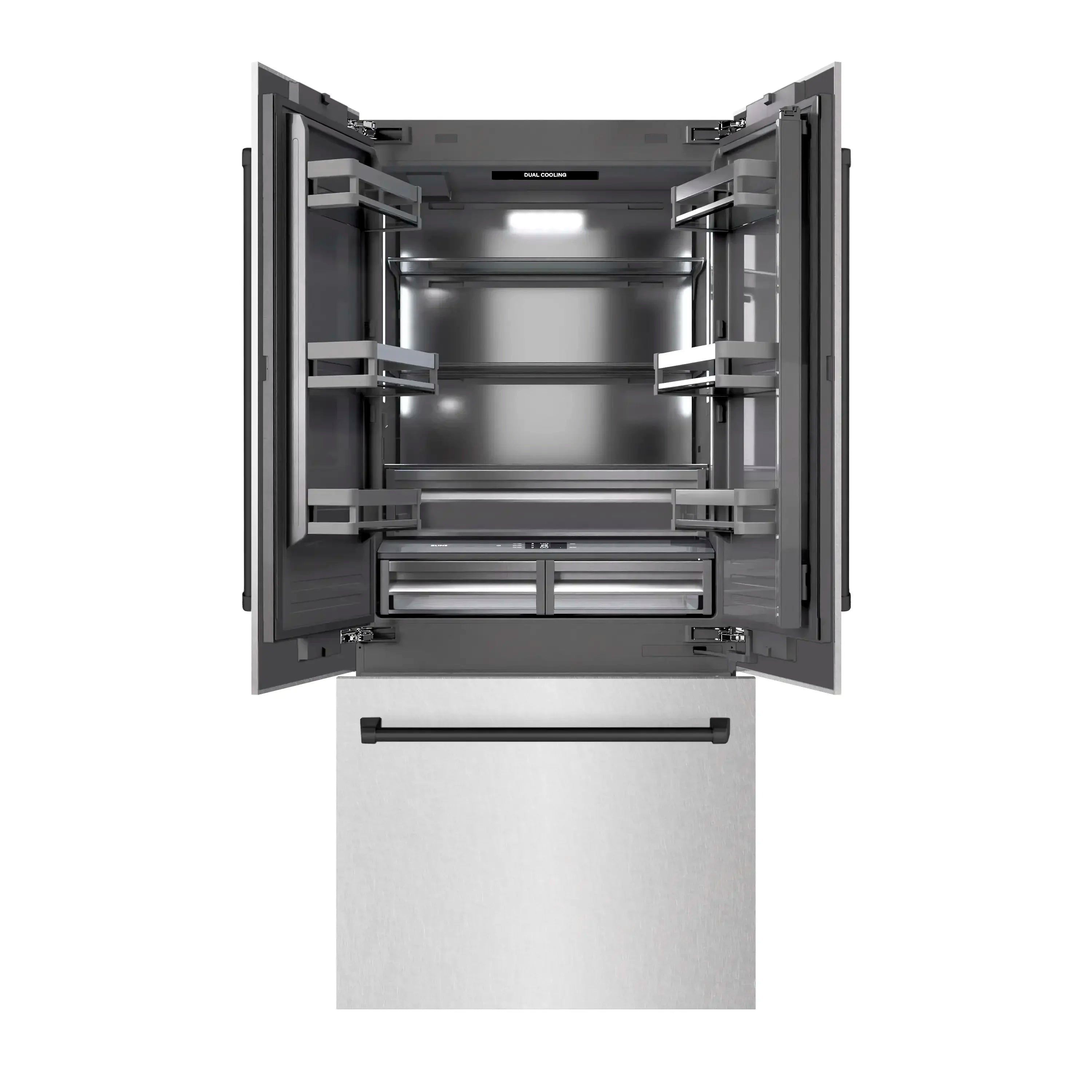 French door bottom freezer refrigerator interior with open doors and drawer storage