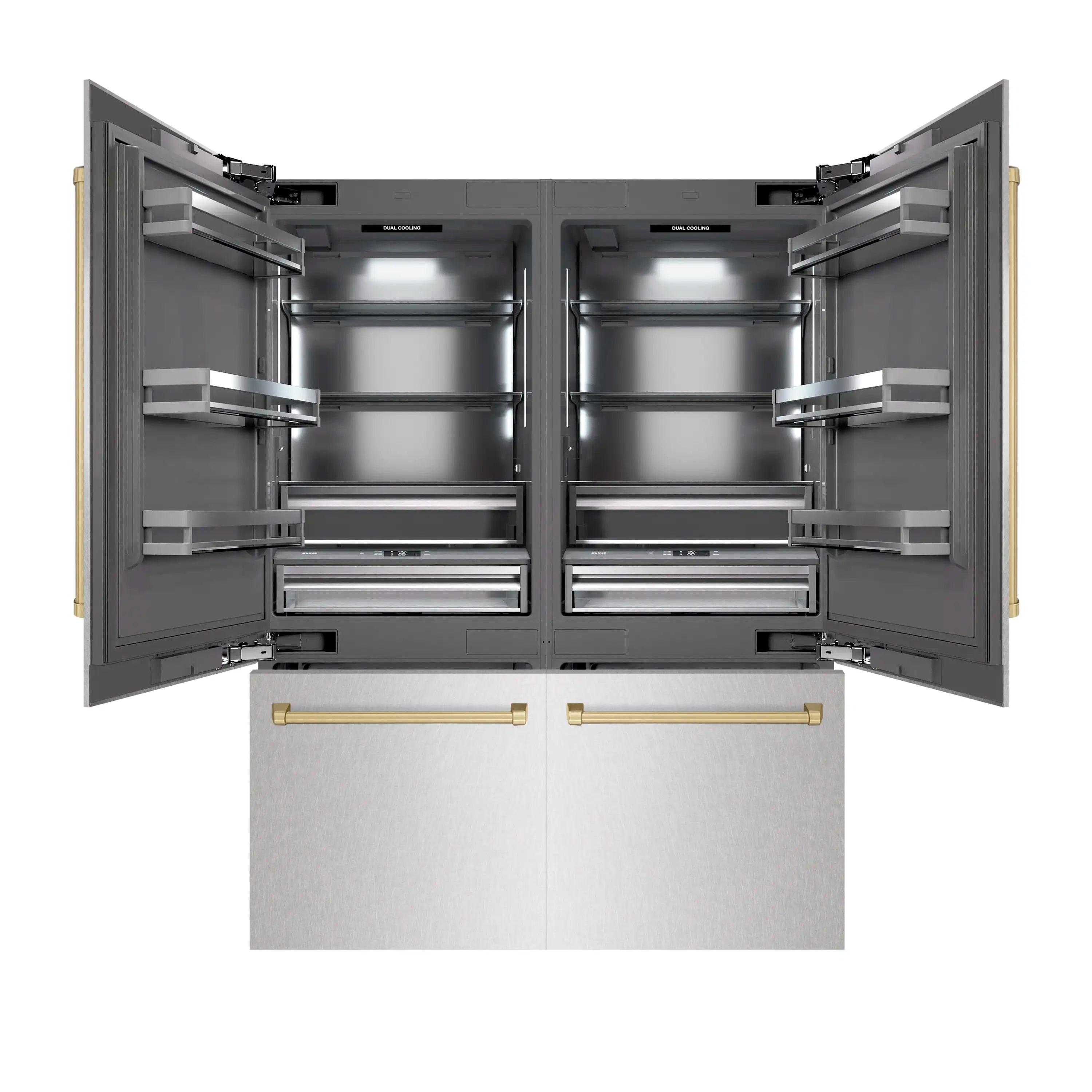 French door refrigerator with both doors open, glass shelves, and sliding freezer drawers