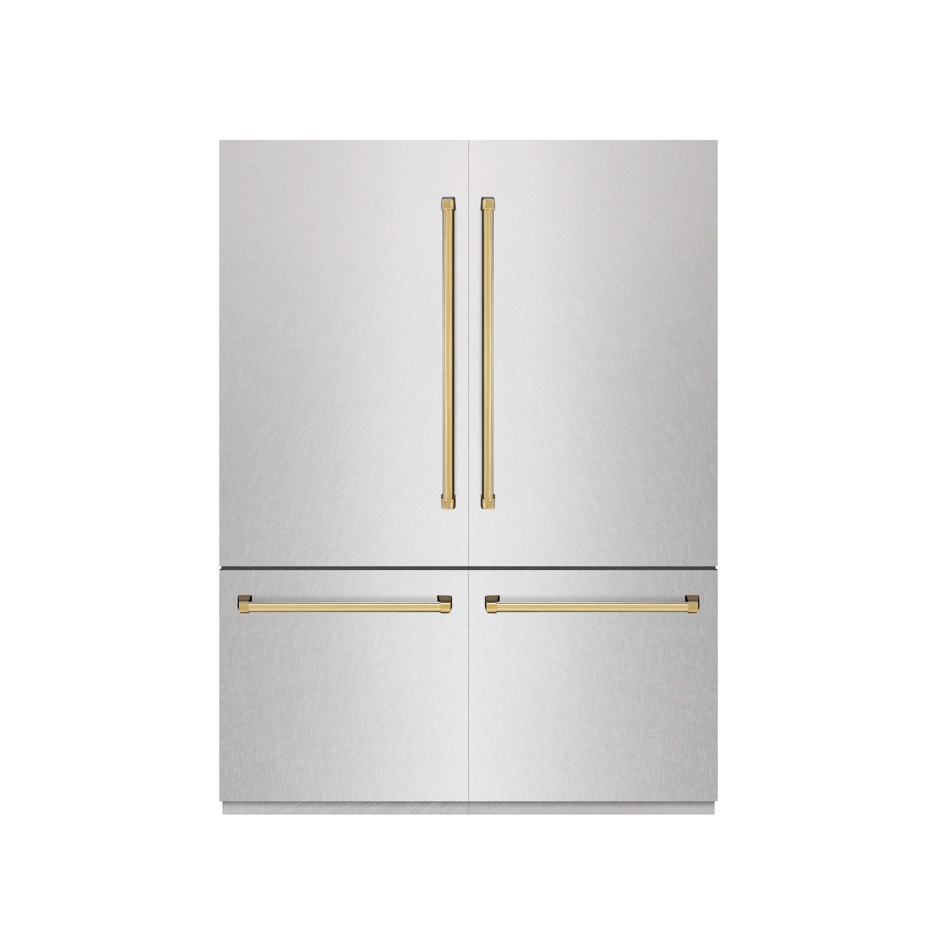 French door refrigerator in satin stainless steel with polished gold accents and graphite gray interior