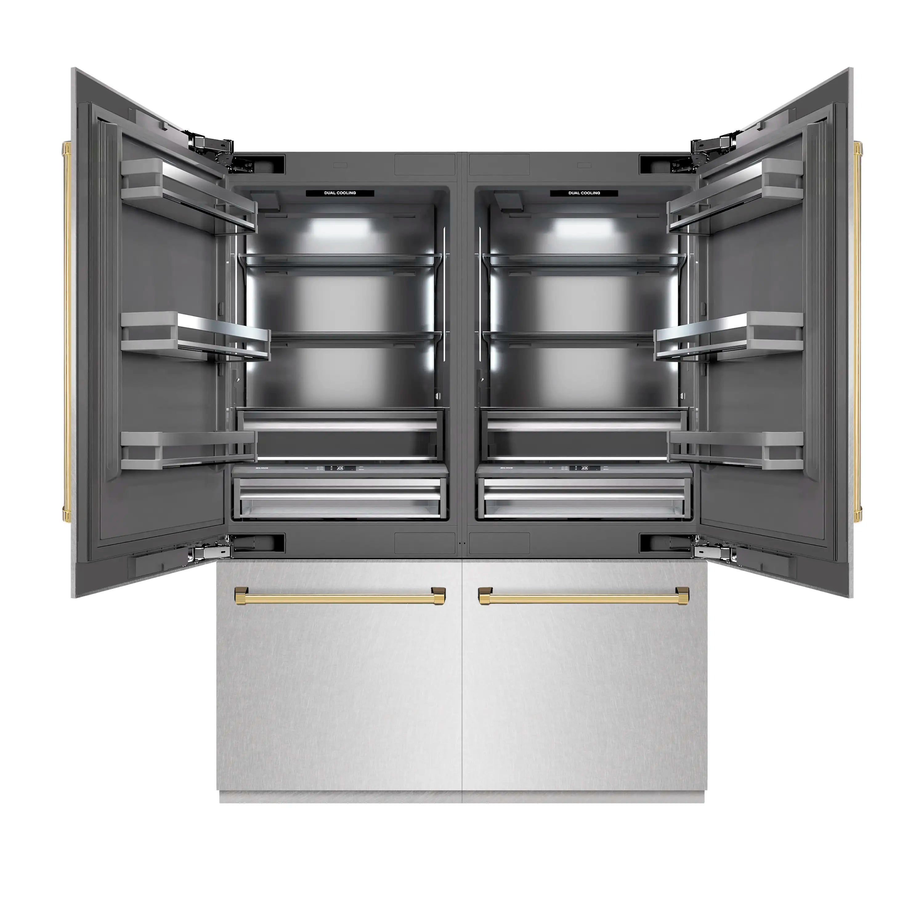 Refrigerator with French doors open, adjustable shelves and drawers in graphite gray with gold handles
