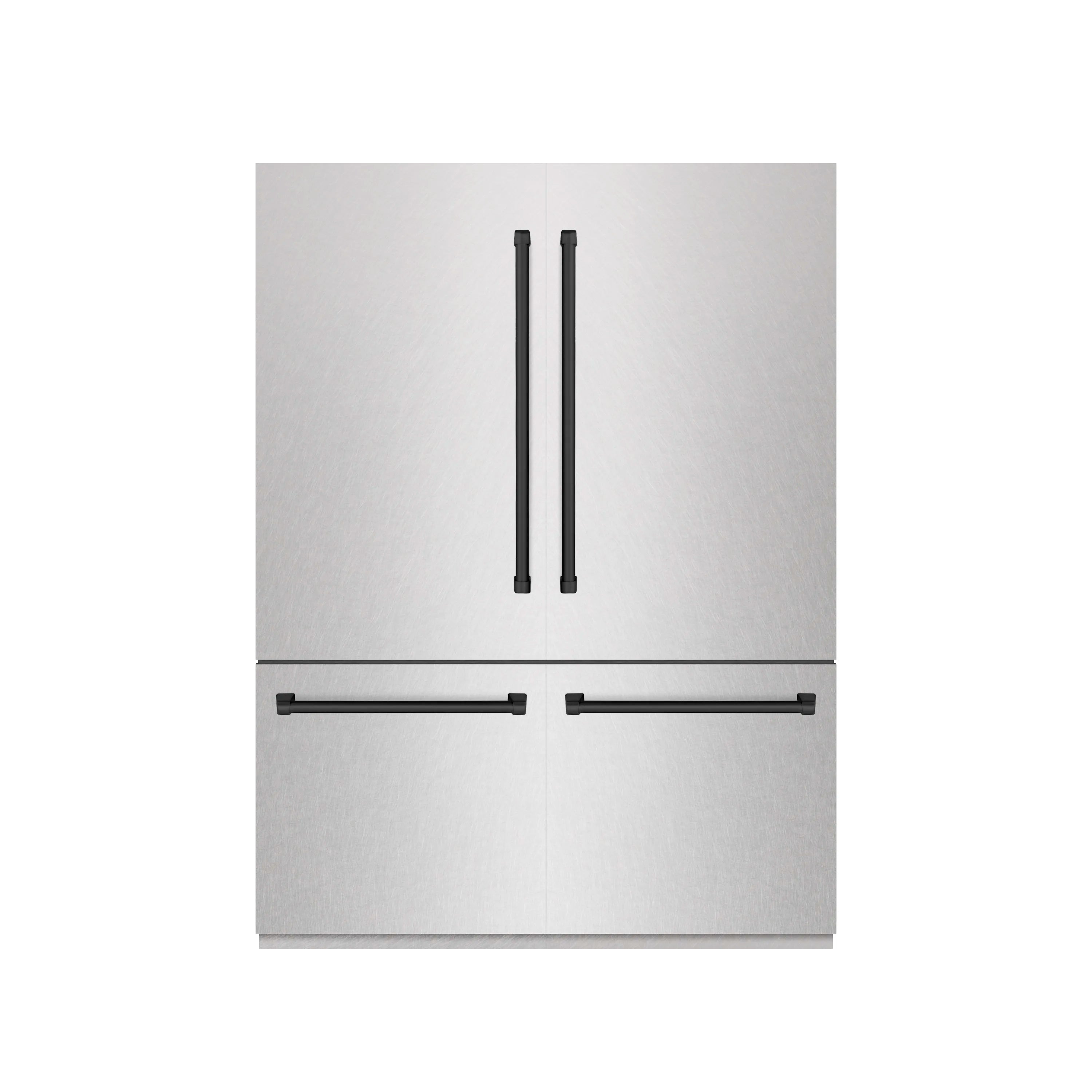 Satin stainless steel French door refrigerator with vertical black handles and clean lines.