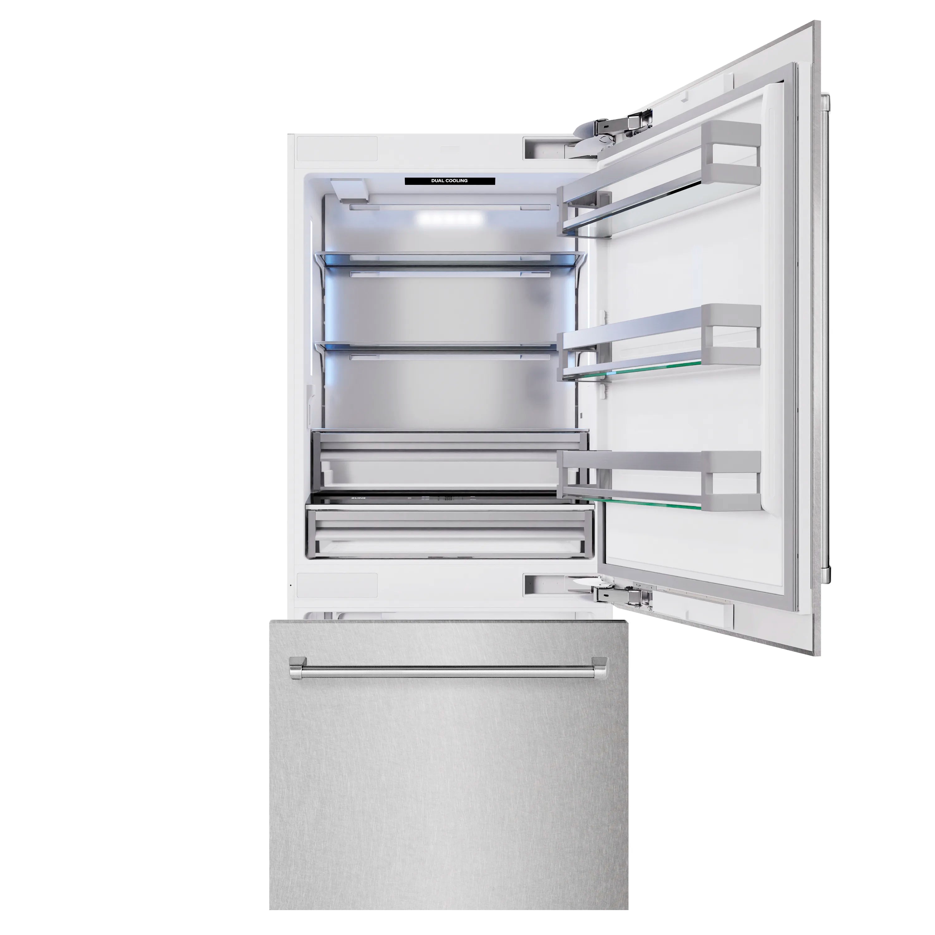 Open bottom freezer refrigerator with shelves and drawers, ready for storage
