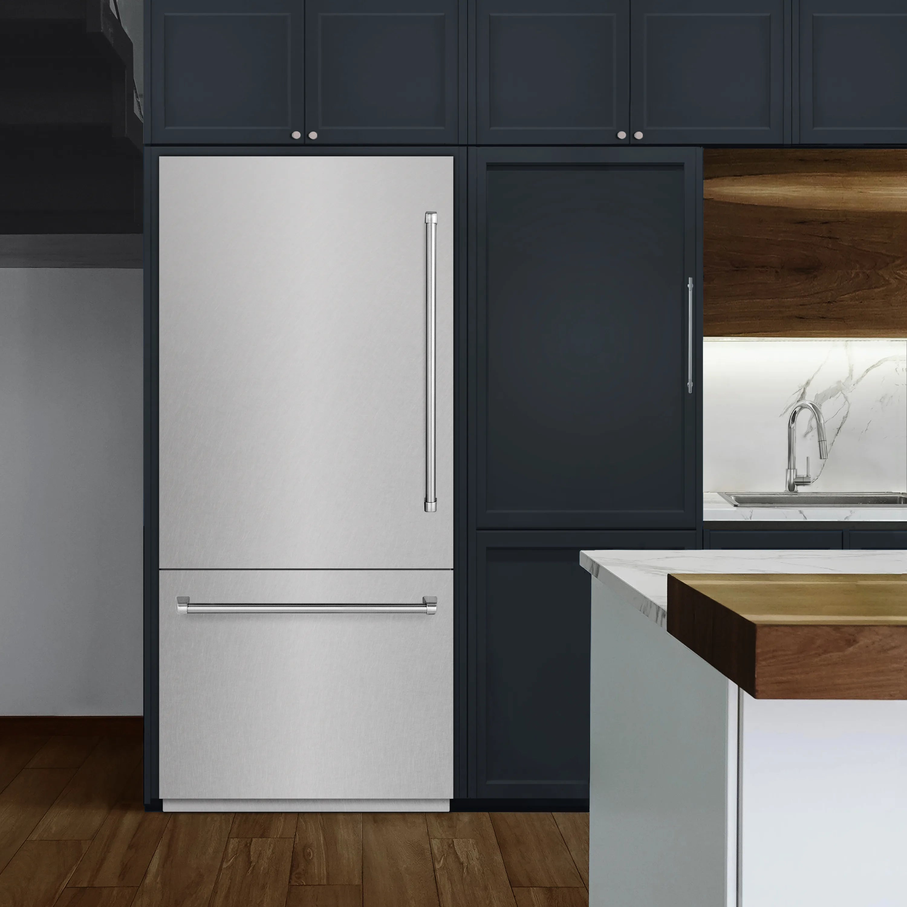 Built-in bottom freezer refrigerator with satin stainless doors and long handle