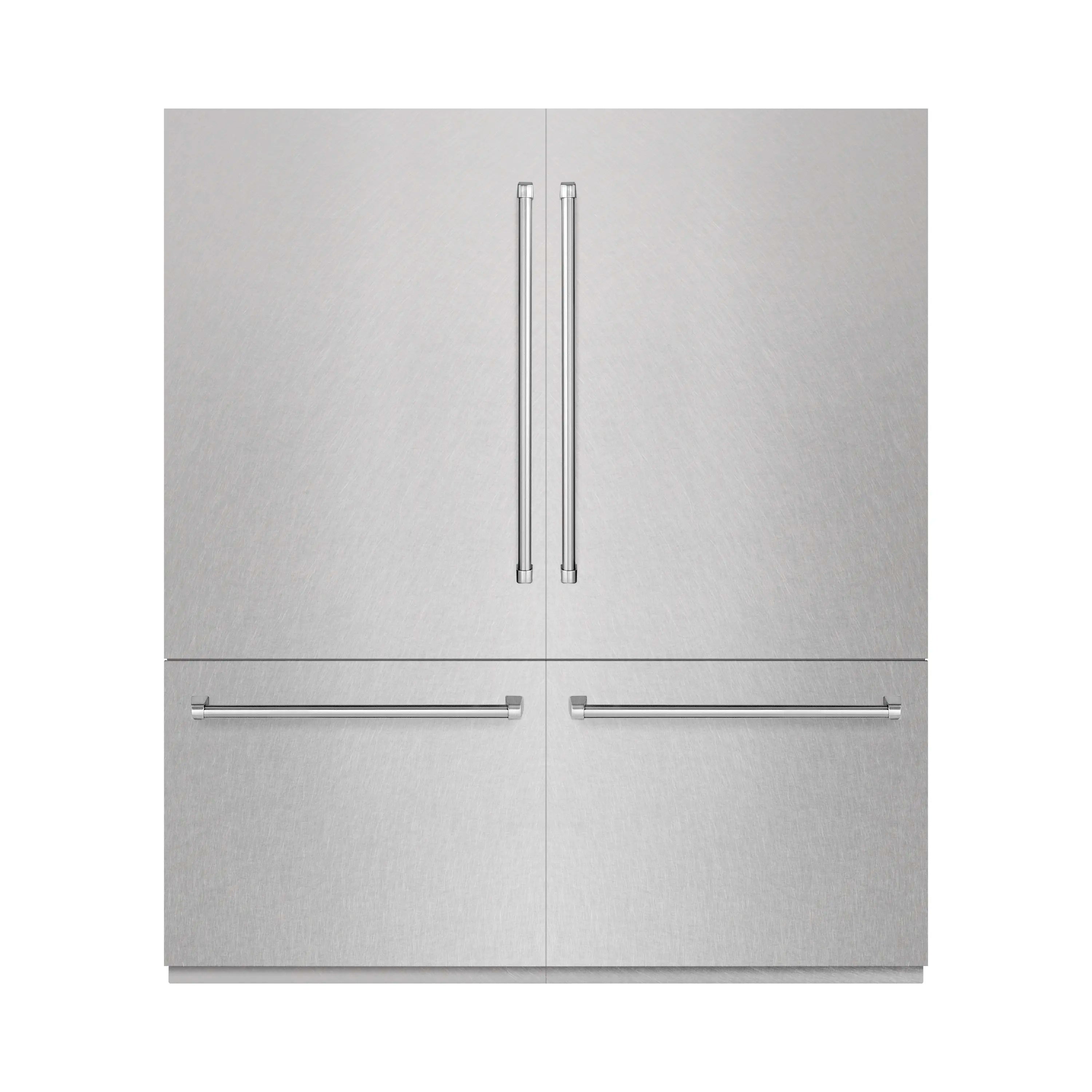 Bottom freezer refrigerator front view with dual handles on satin stainless doors