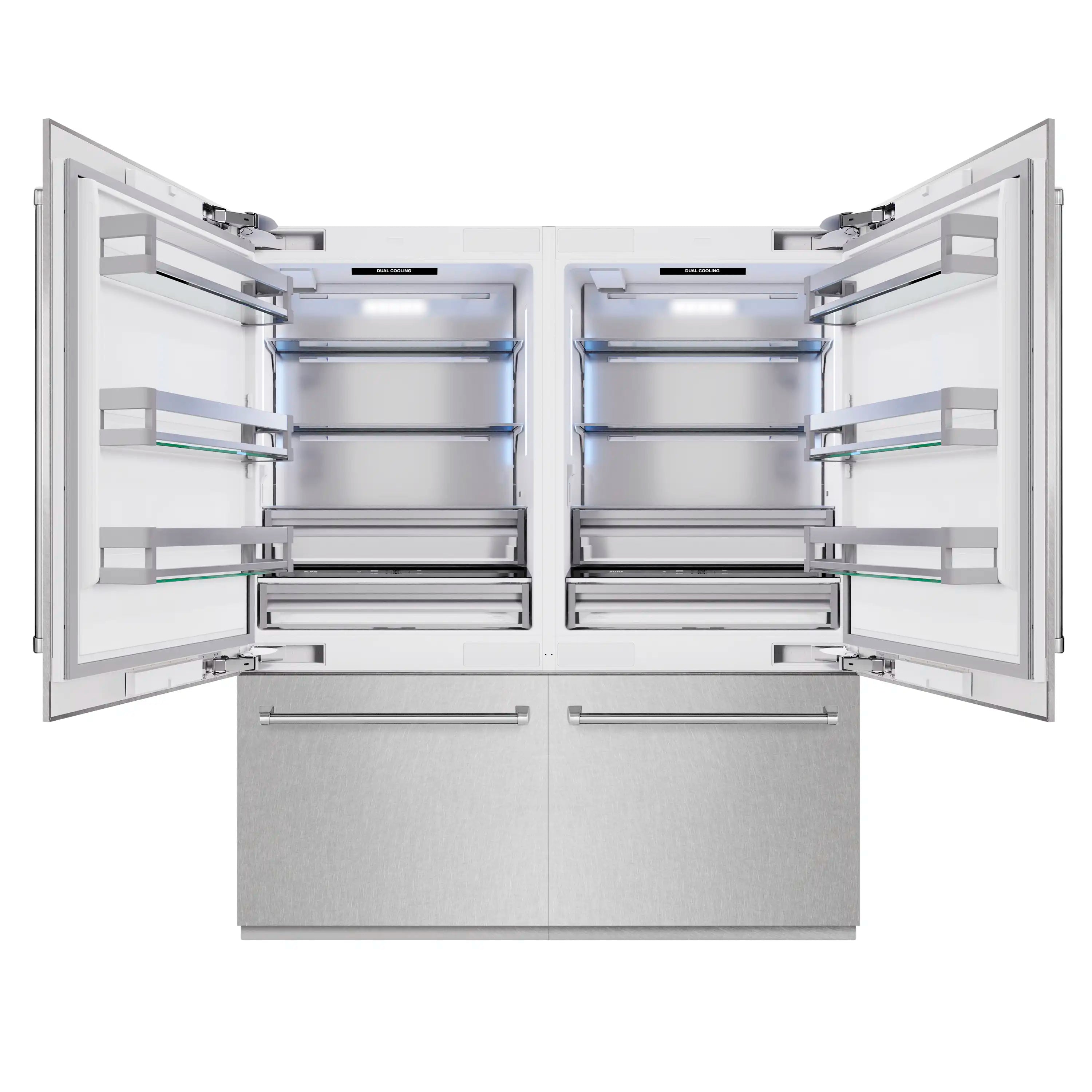 Refrigerator interior with open French doors, shelves, and freezer drawers