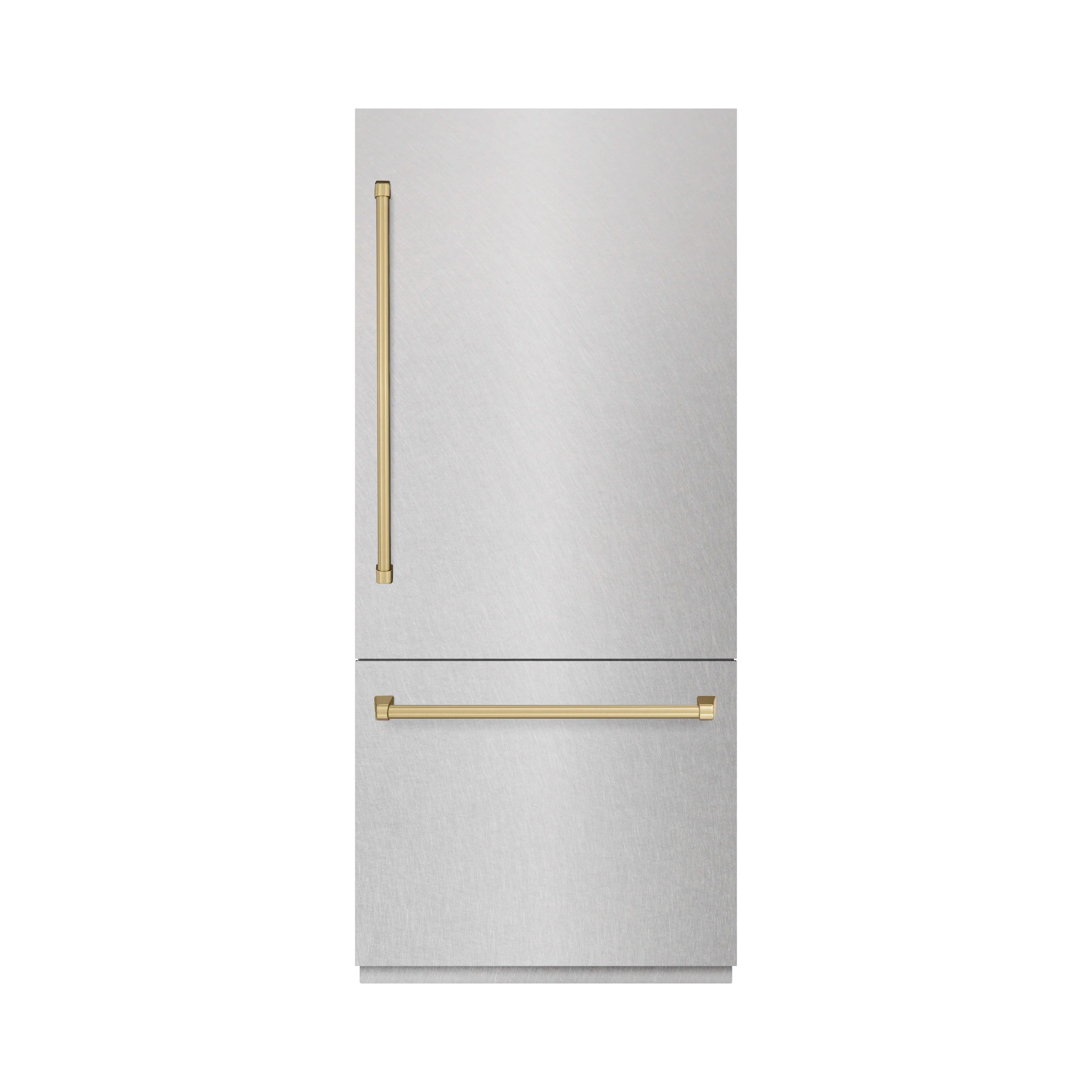 Built-in refrigerator door with satin stainless steel and champagne bronze handle