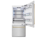 ZLINE Autograph Edition 36-Inch 19.8 Cu. Ft. Built-In Bottom Freezer Refrigerator with Water Dispenser and Ice Maker in Satin Stainless Steel and Champagne Bronze Accents (RBITZ-SN-36-CB)
