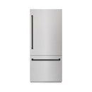 ZLINE Autograph Edition 36-Inch 19.8 Cu. Ft. Built-In Bottom Freezer Refrigerator with Water Dispenser and Ice Maker in Satin Stainless Steel and Matte Black Accents (RBITZ-SN-36-MB)