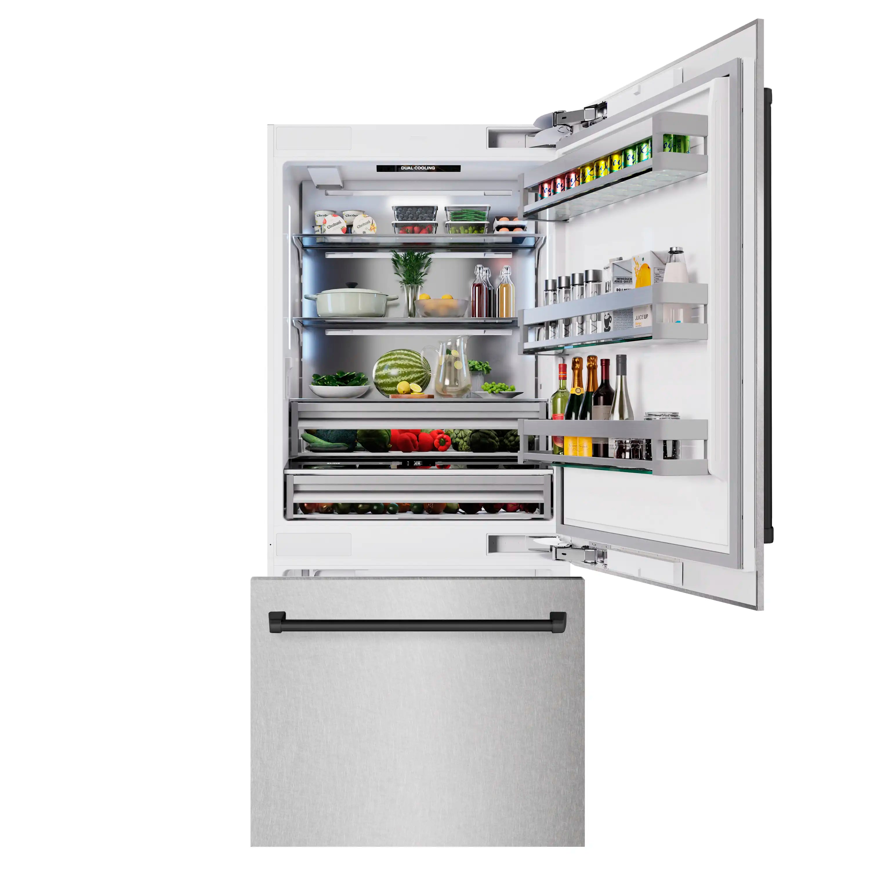 Bottom freezer refrigerator door open showing interior shelves and drawers