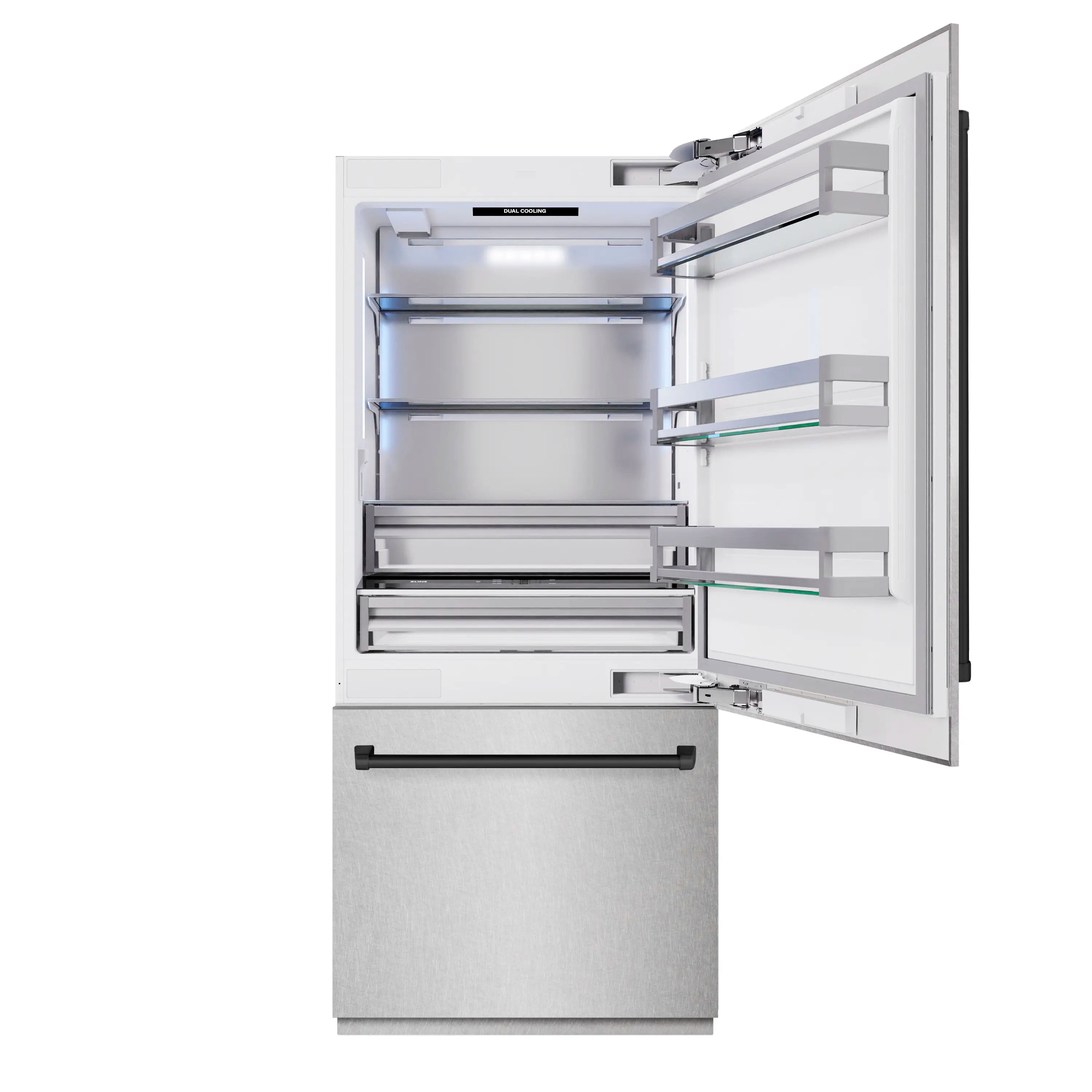 Bottom freezer refrigerator interior with glass shelves, bins, and drawer system