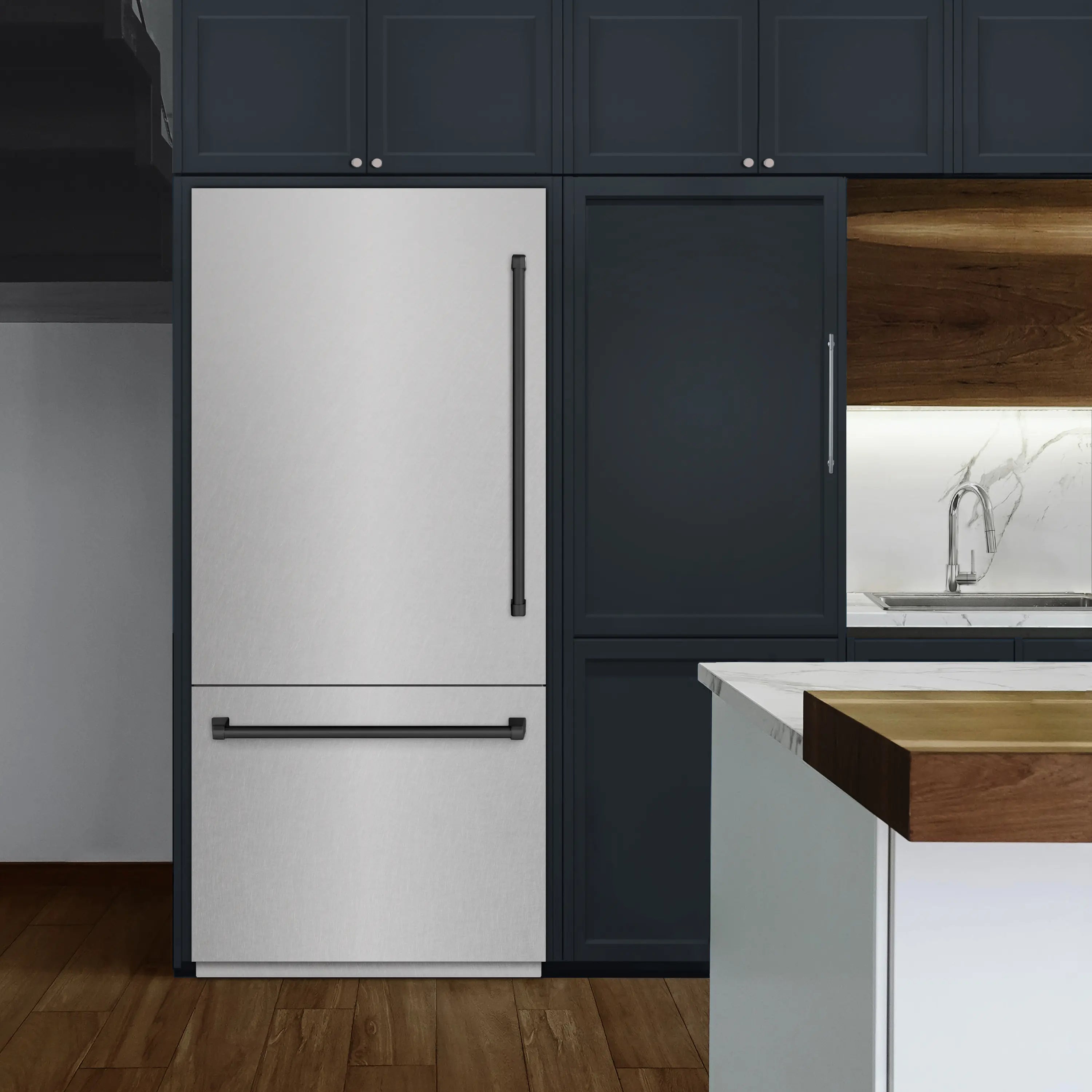 Built-in refrigerator with satin stainless doors and matte black handles