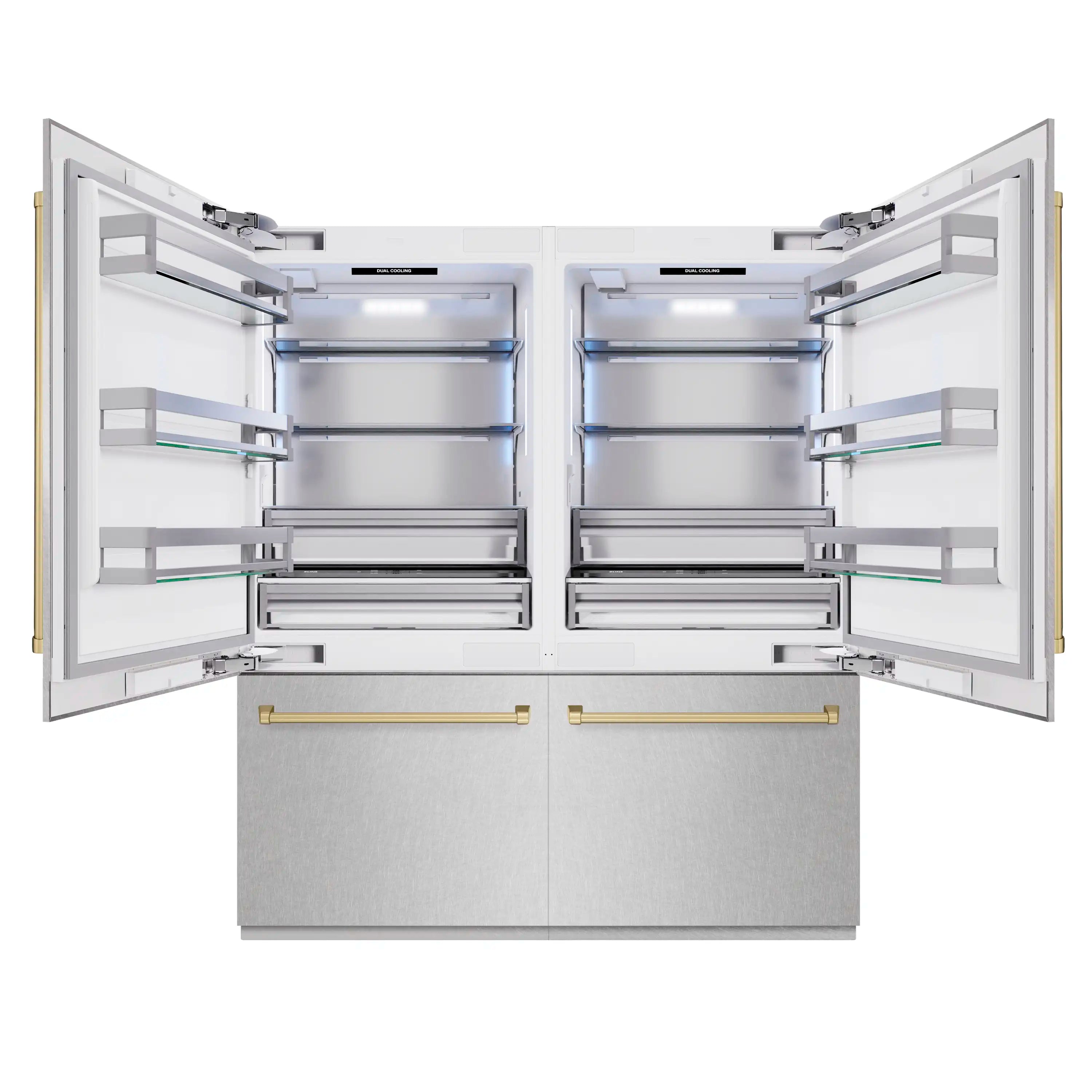 French doors open to show interior shelves and drawers in a satin stainless refrigerator
