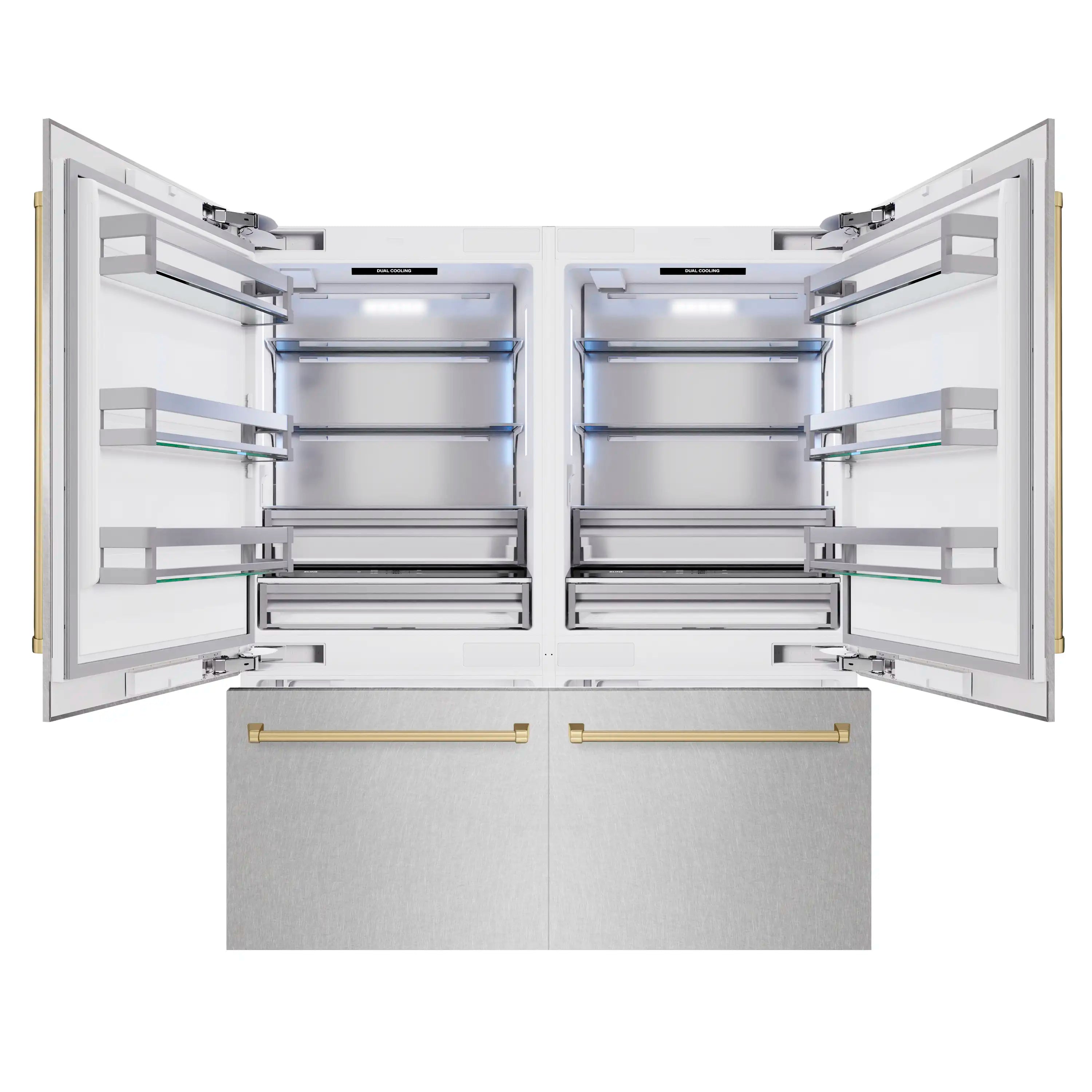 Open French doors with interior refrigeration compartments and shelves visible