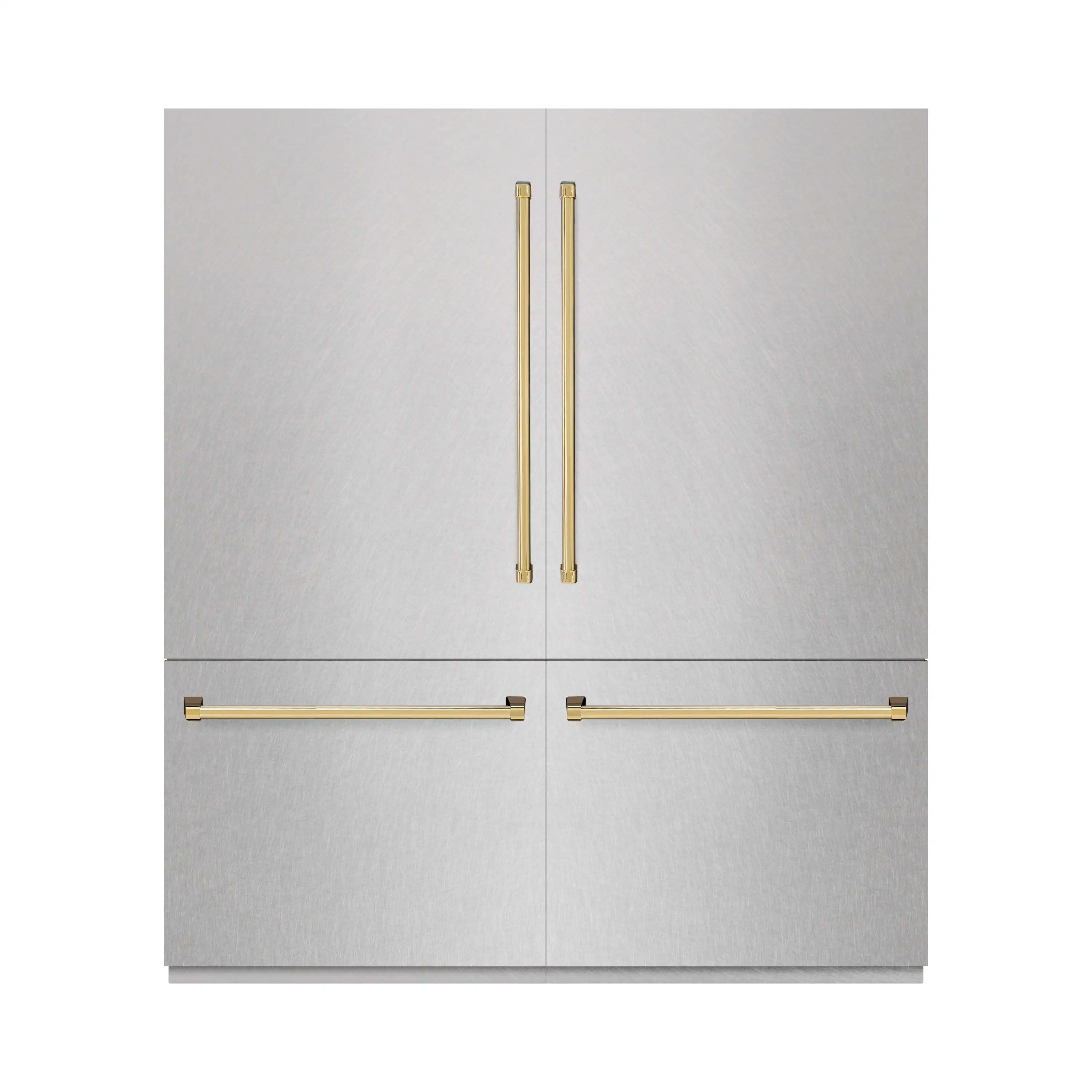 French door refrigerator with satin stainless doors and polished gold handles