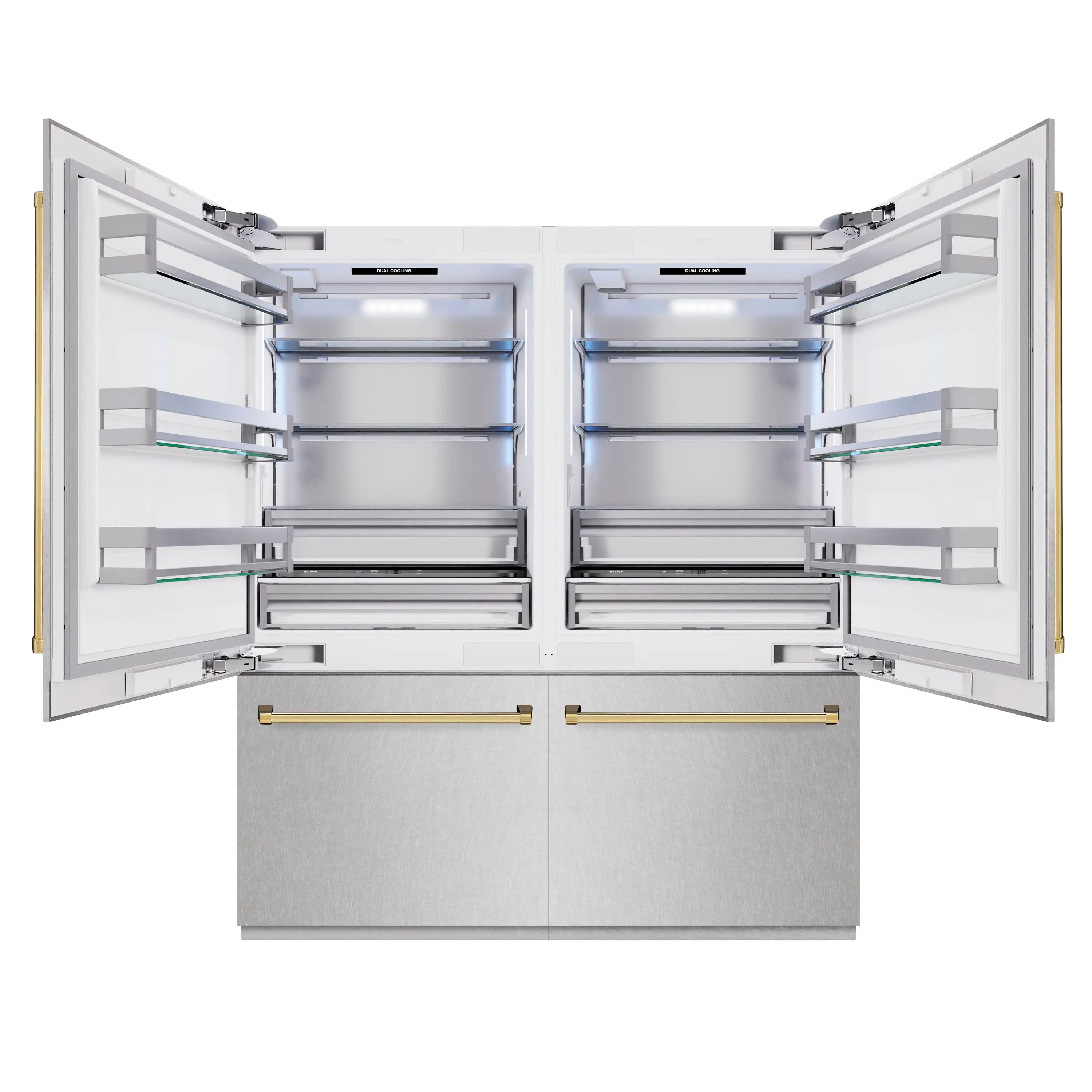 French door refrigerator interior with open doors, shelves, and drawers