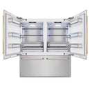 ZLINE Autograph Edition 72-Inch 39.6 Cu. Ft. French Door Built-In Bottom Freezer Refrigerator with Water Dispensers and Ice Makers in Satin Stainless Steel and Polished Gold Accents (RBITZ-SN-72-G)
