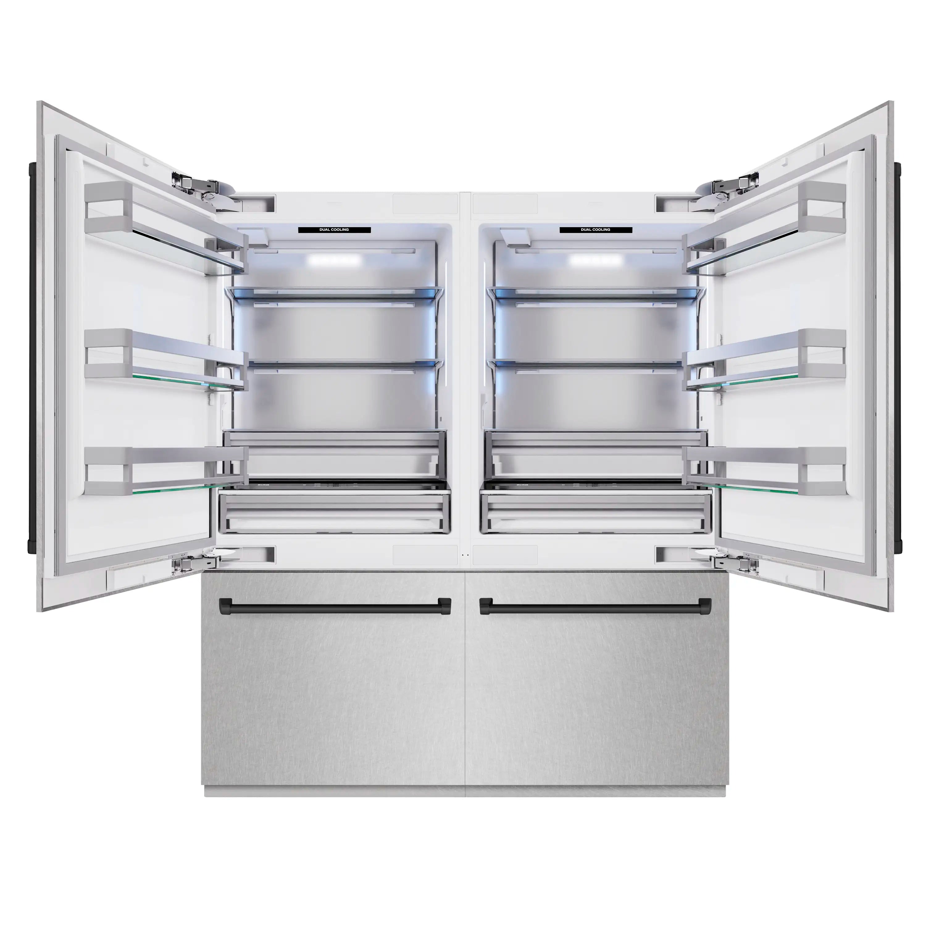 French door refrigerator interior with adjustable glass shelves and storage bins