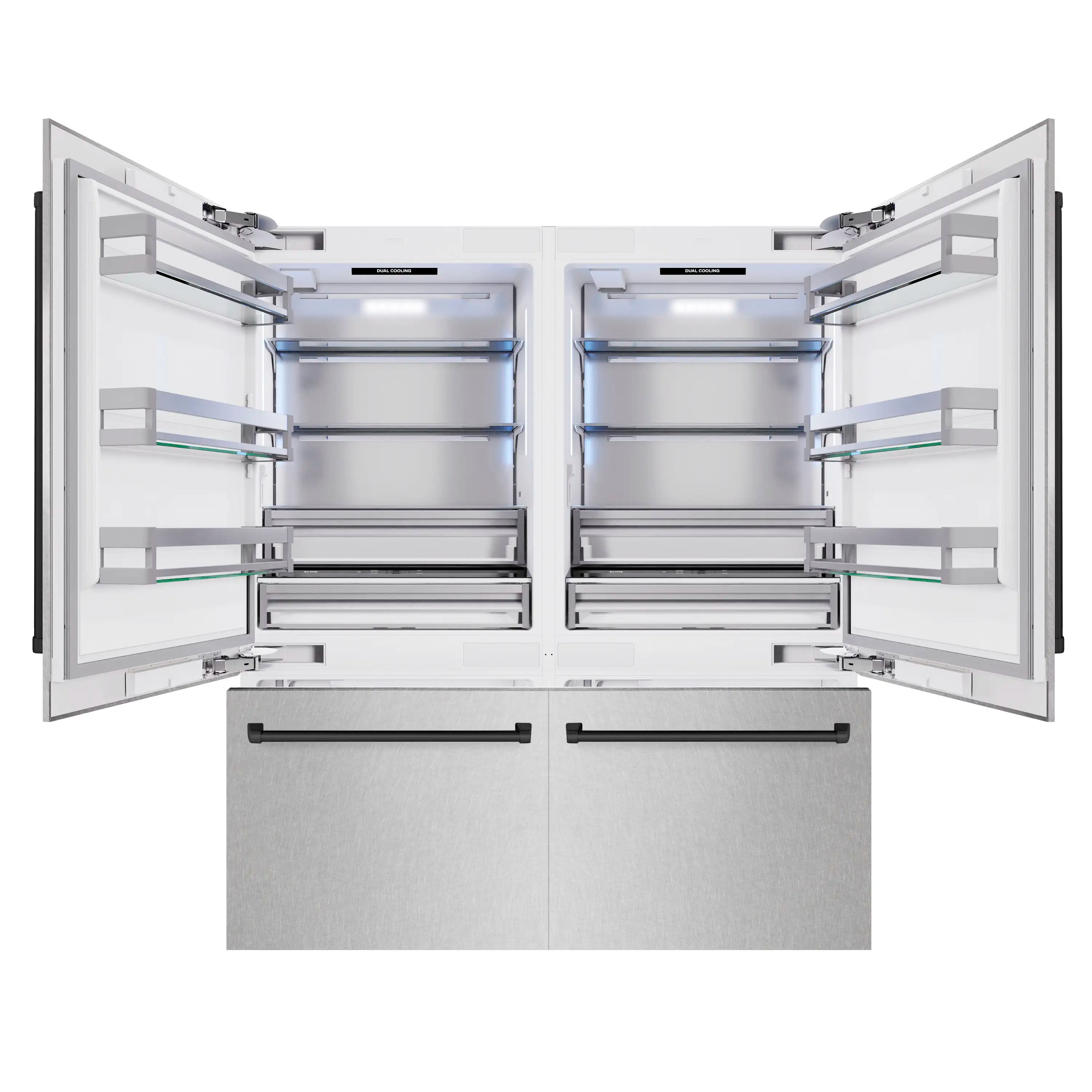 French door refrigerator with doors open showing interior compartments and shelves