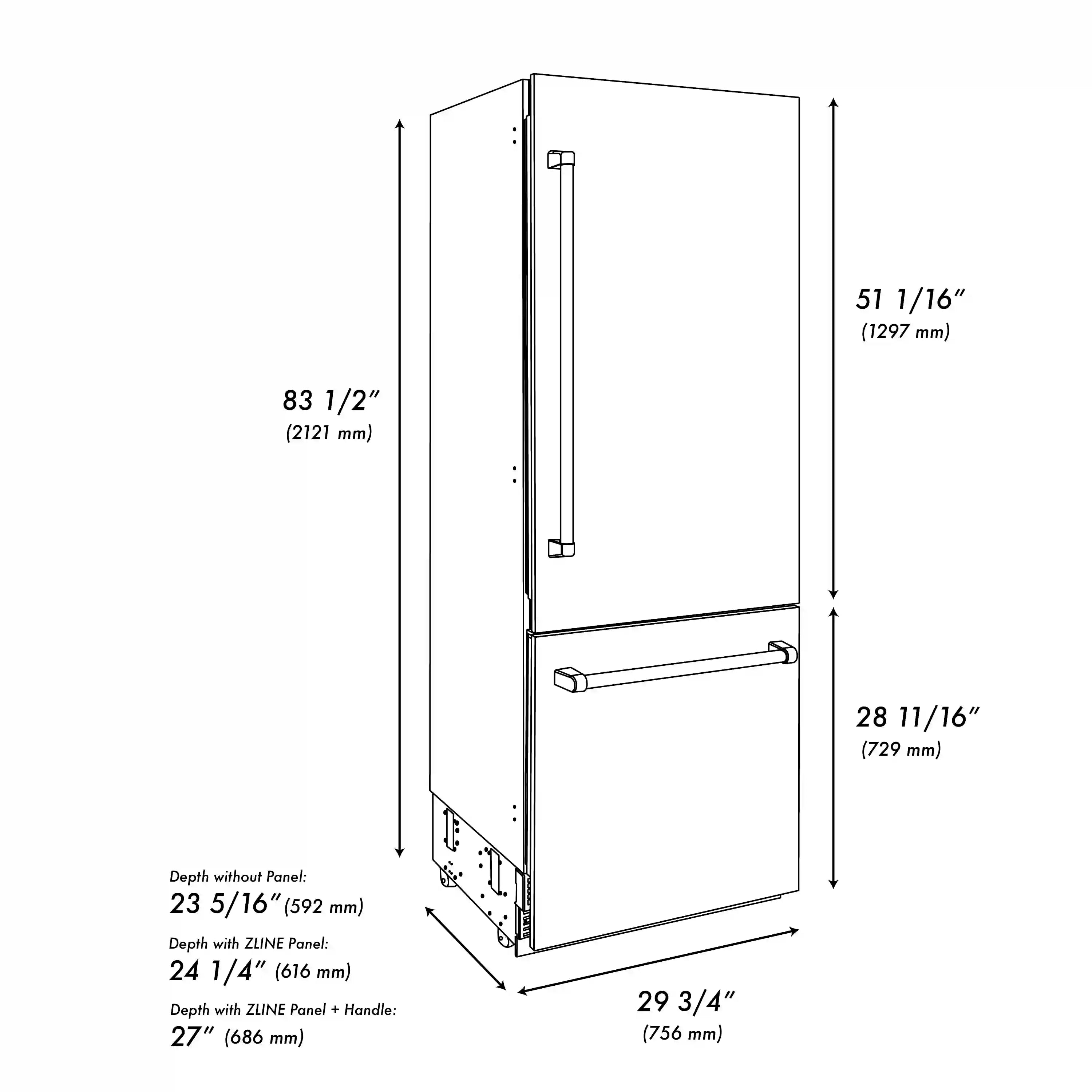 Built-in bottom freezer refrigerator dimension diagram with height and depth labels