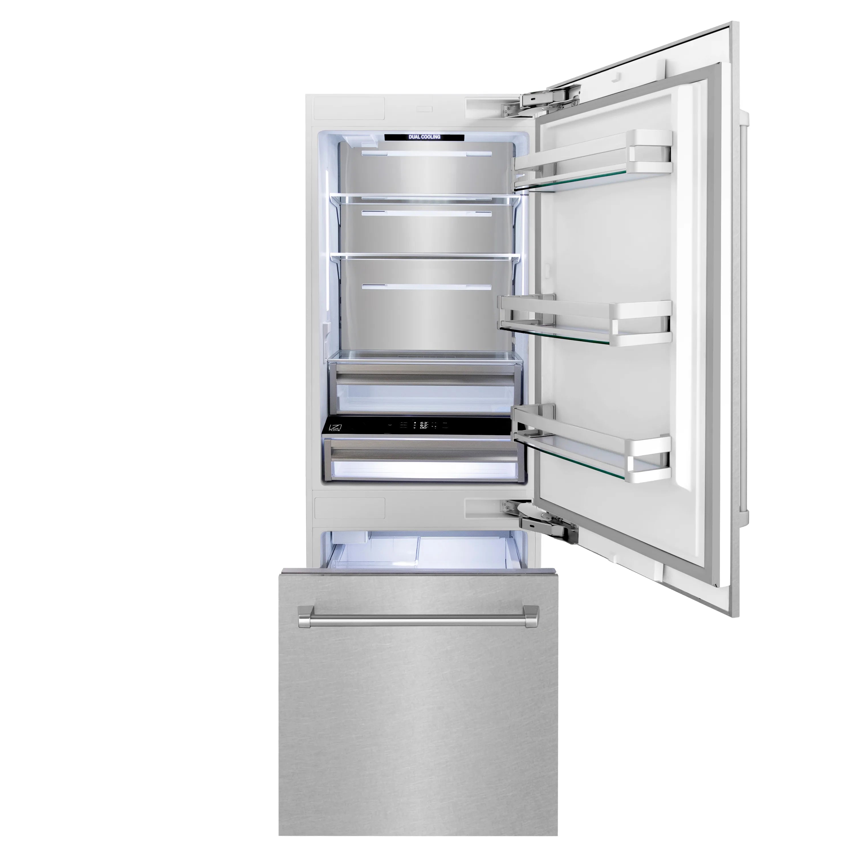 Built-in refrigerator interior with shelves and drawer shown with blue light