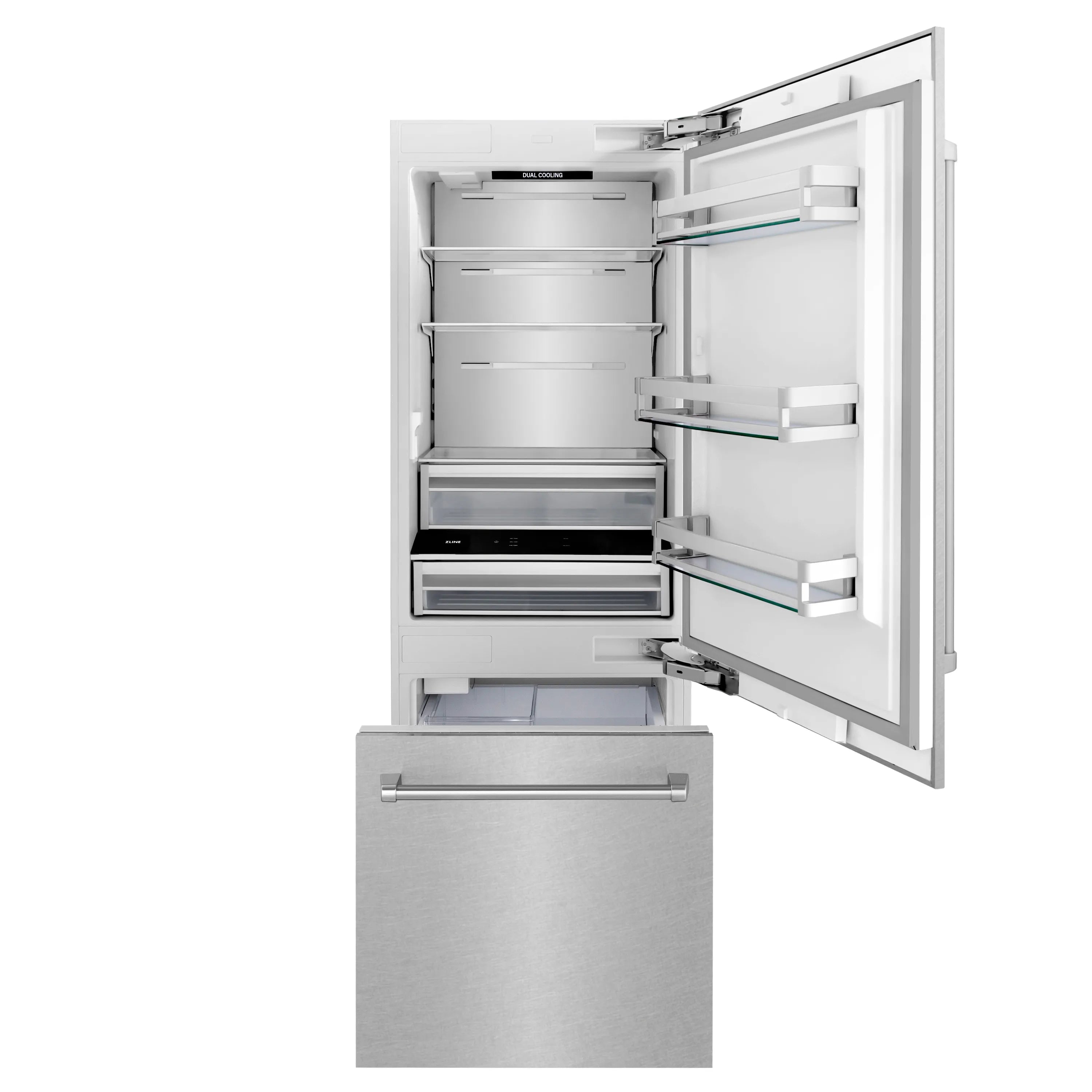 Refrigerator door open to show interior shelves, drawers, and compartments