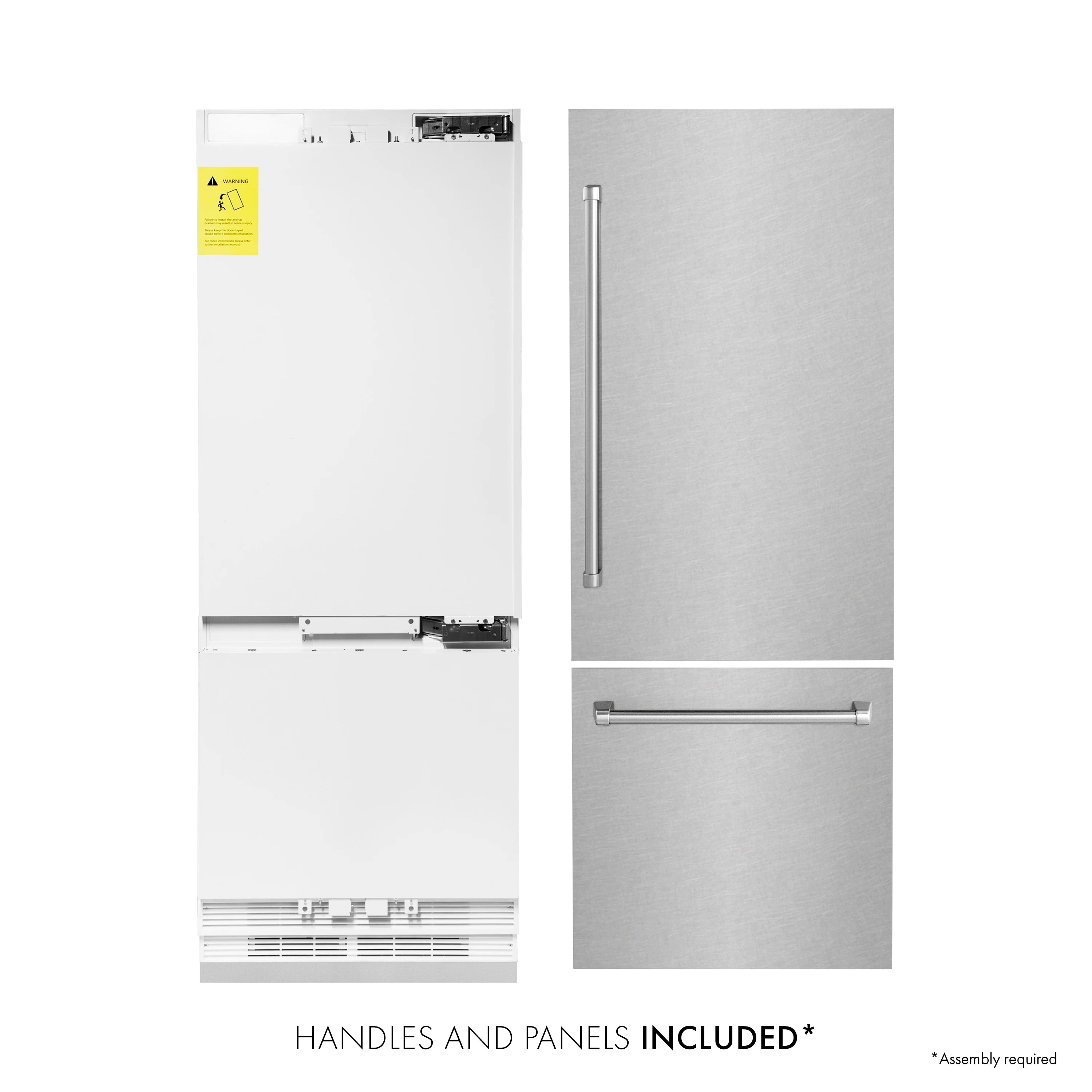 Built-in bottom freezer refrigerator showing included handle and panel components