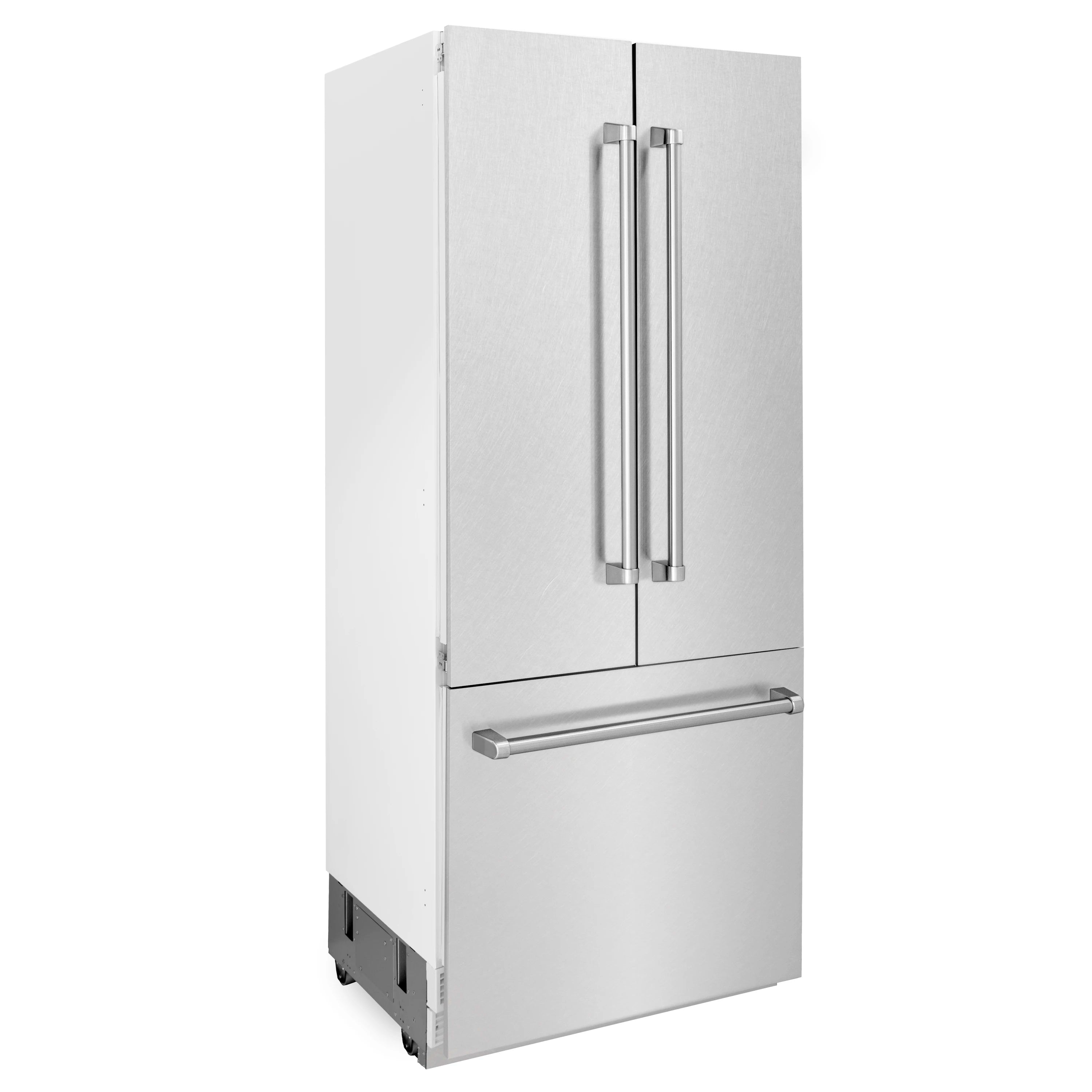 Built-in bottom freezer refrigerator with two-door stainless steel exterior and bar handle