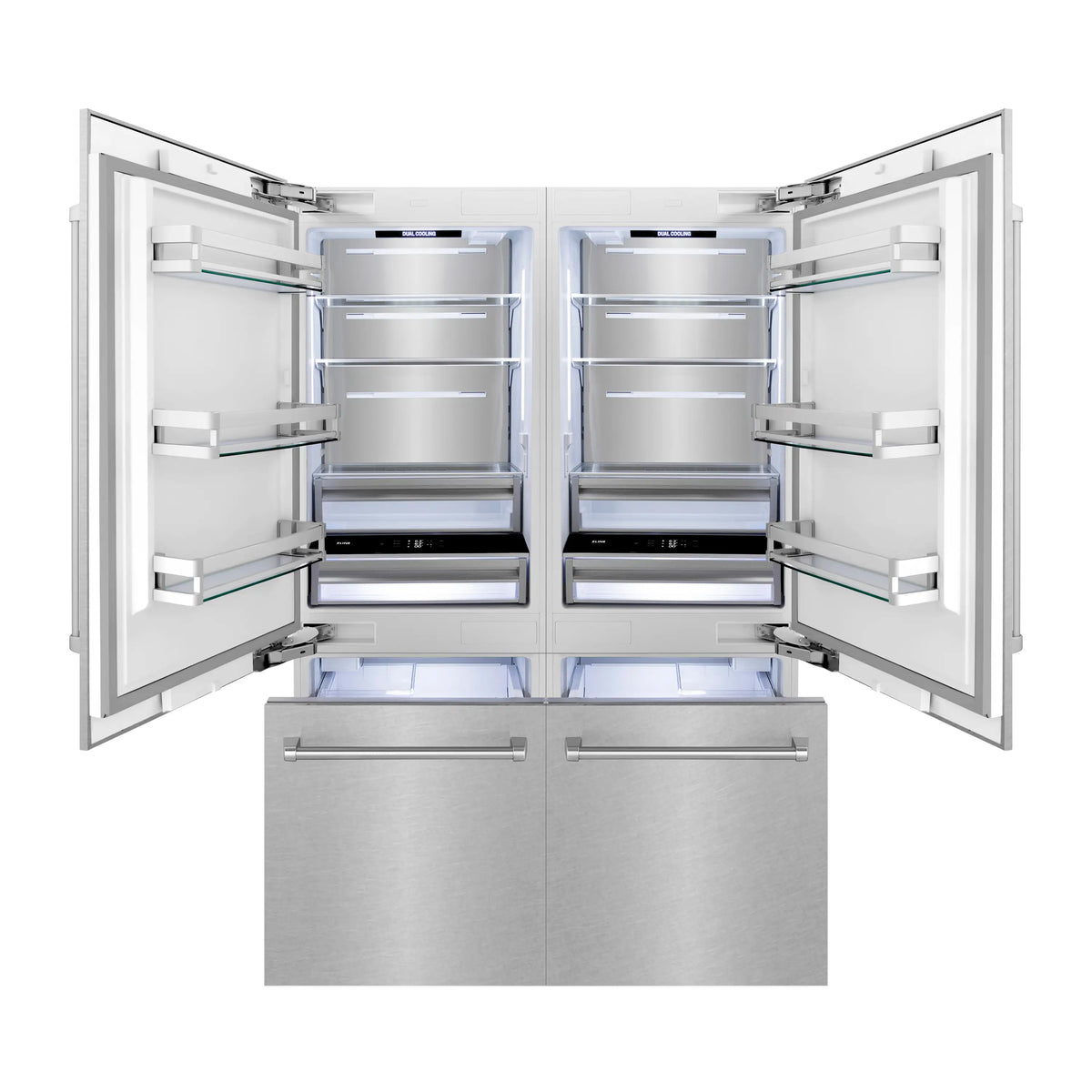 Built-in refrigerator with two open doors, twin freezer drawers, and interior shelves
