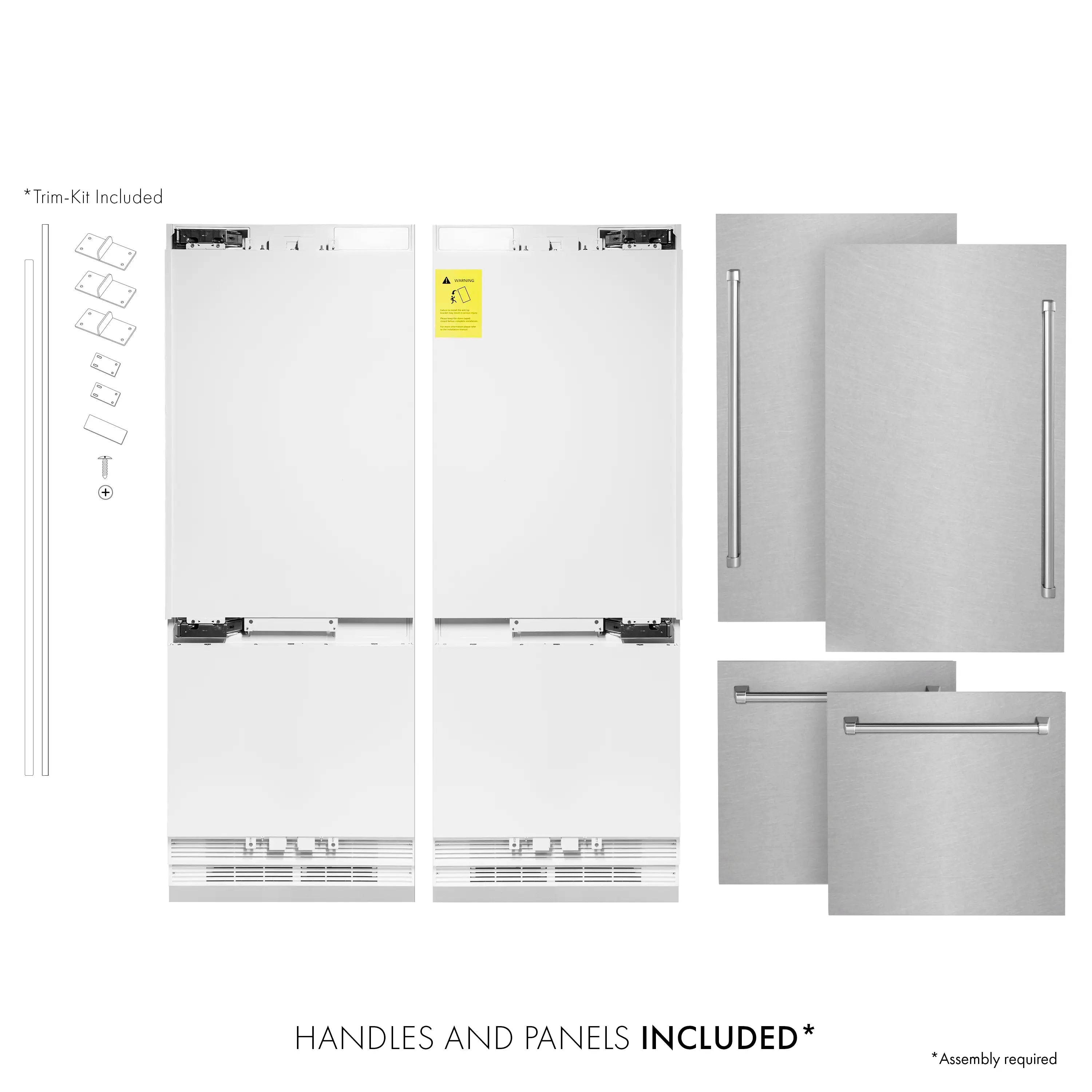Included handles and panels layout for a four-door built-in refrigerator