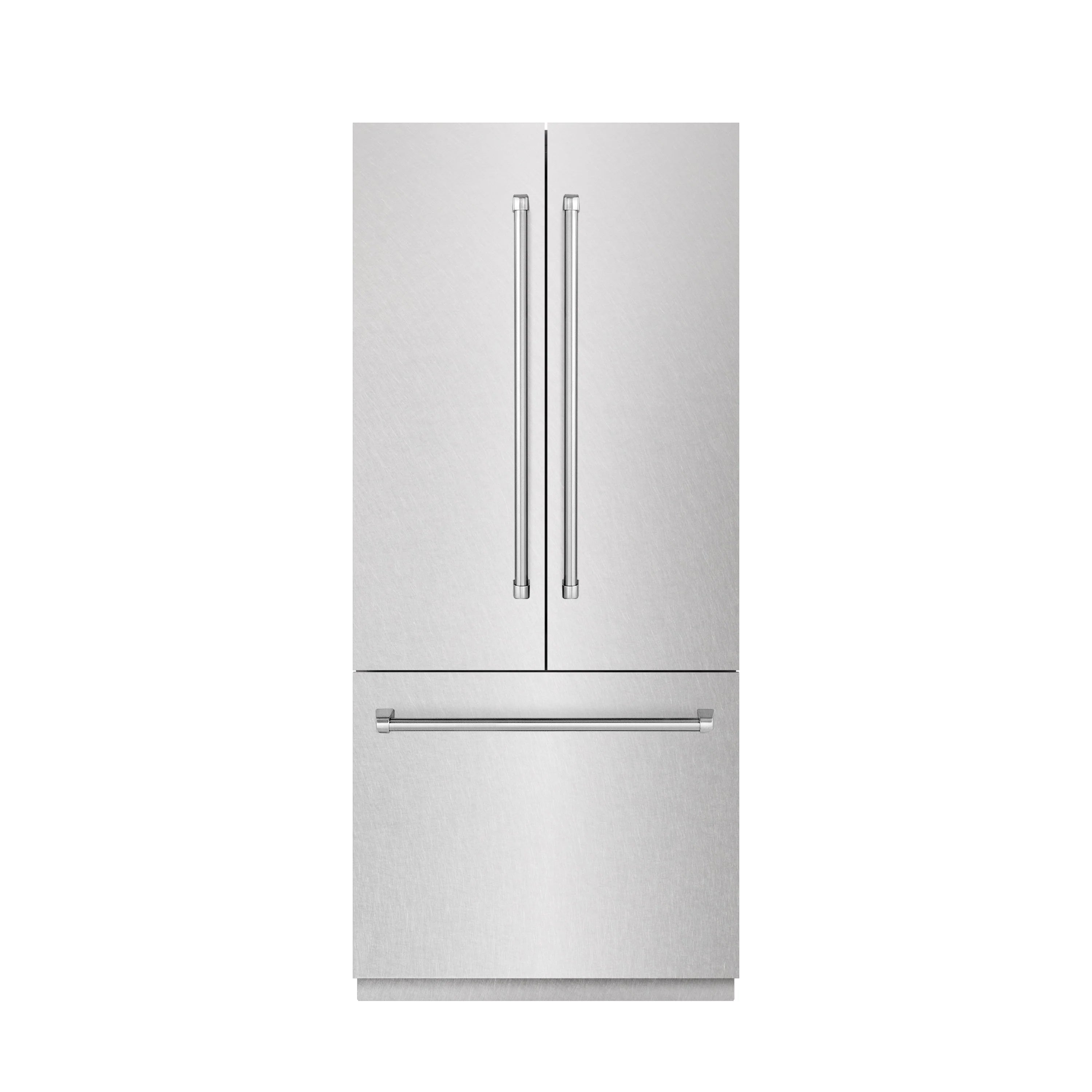 Stainless steel French door built-in bottom freezer refrigerator with dispenser-ready design
