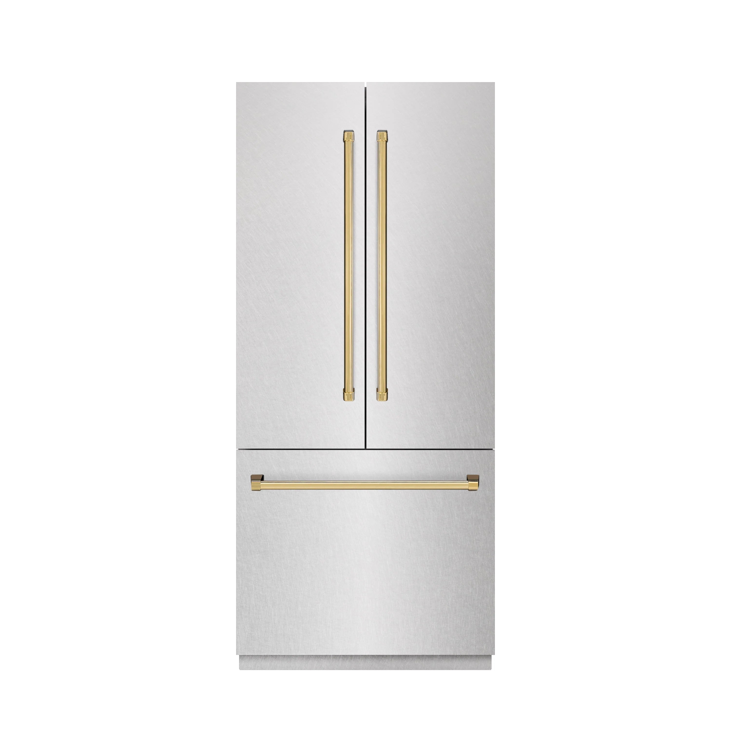Satin stainless French door refrigerator with polished gold handle accents