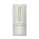 ZLINE Autograph Edition 36-Inch 19.6 cu. ft. French Door Built-In Bottom Freezer Refrigerator with Water Dispenser and Ice Maker in Satin Stainless Steel with Stainless Steel Interior and Polished Gold Accents (SRBIVZ-SN-36-G)
