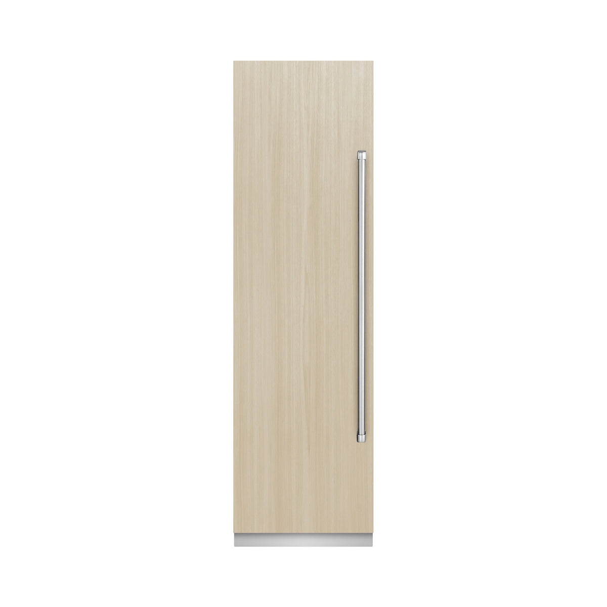 Panel-ready column freezer with light wood door panel and vertical silver handle