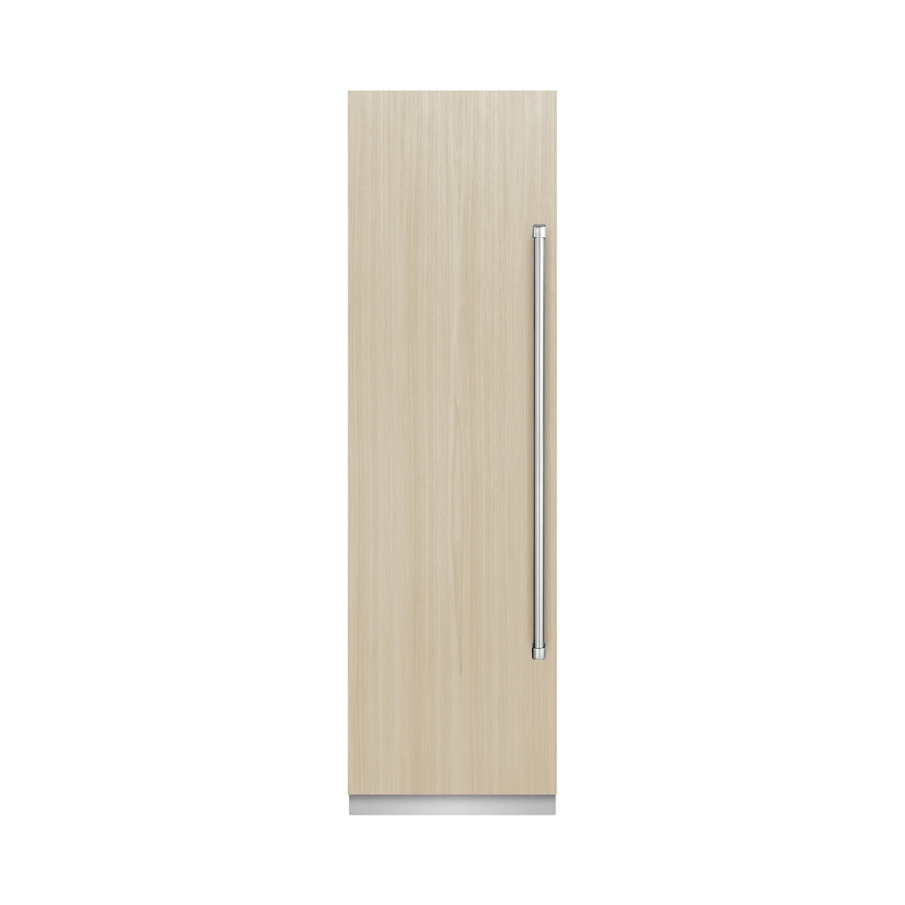 Panel-ready refrigerator-freezer door with light wood panel and vertical pull handle