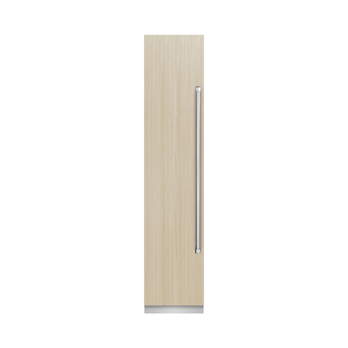 Panel-ready refrigerator/freezer door with light wood panel and vertical stainless handle