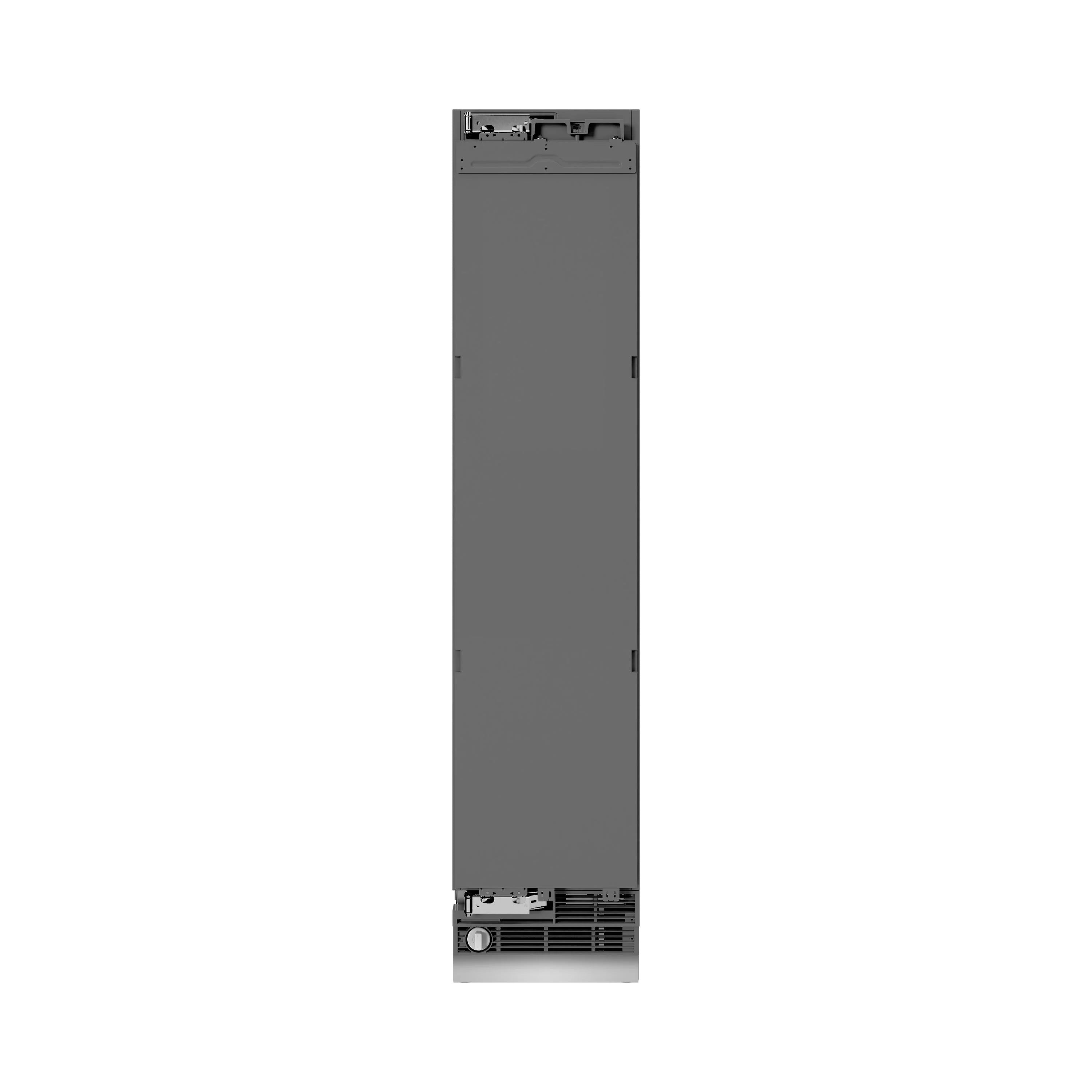 Left-hinge freezer column door frame with hinge hardware and base vent grate