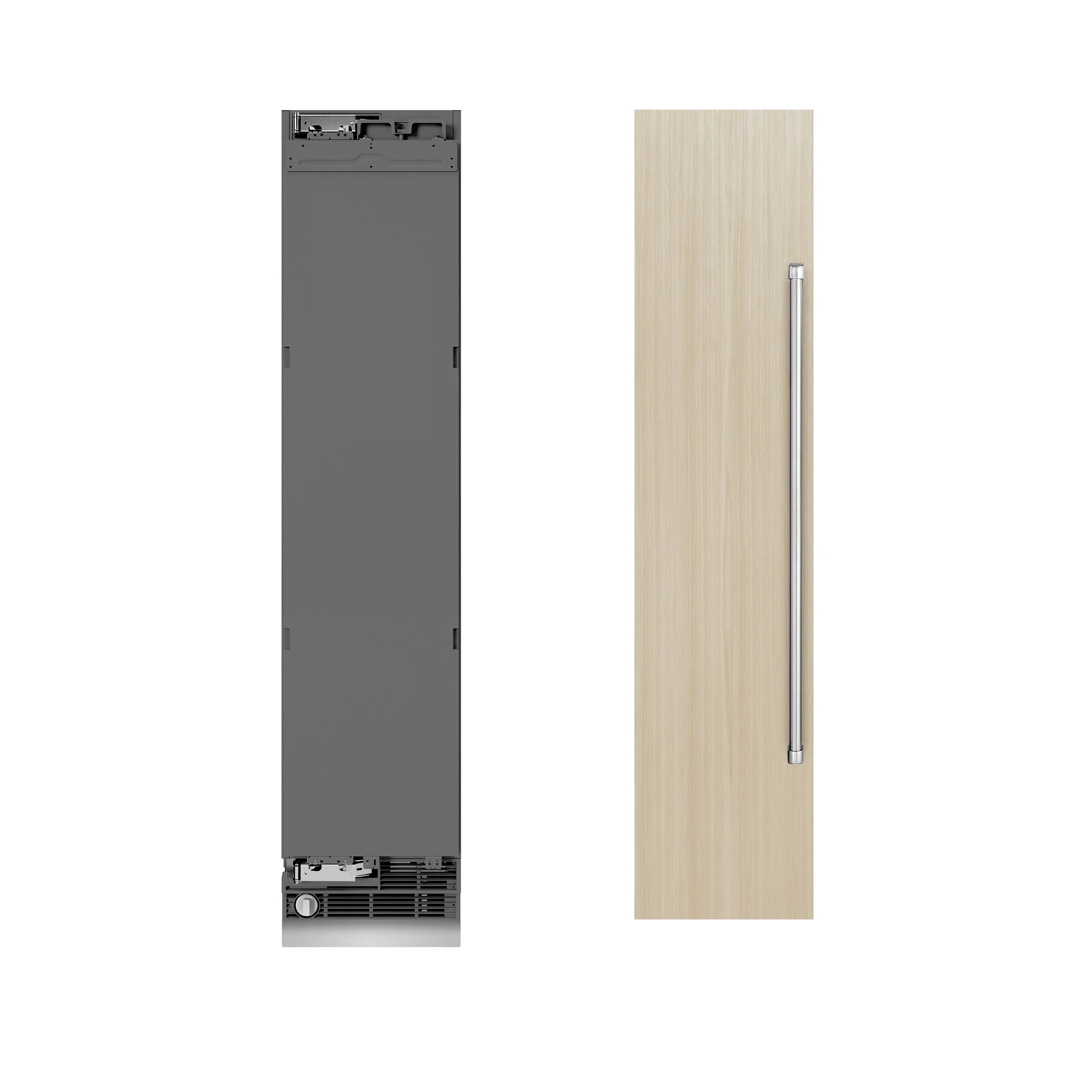 Panel-ready refrigerator and freezer with wood panel door and slim metal handle