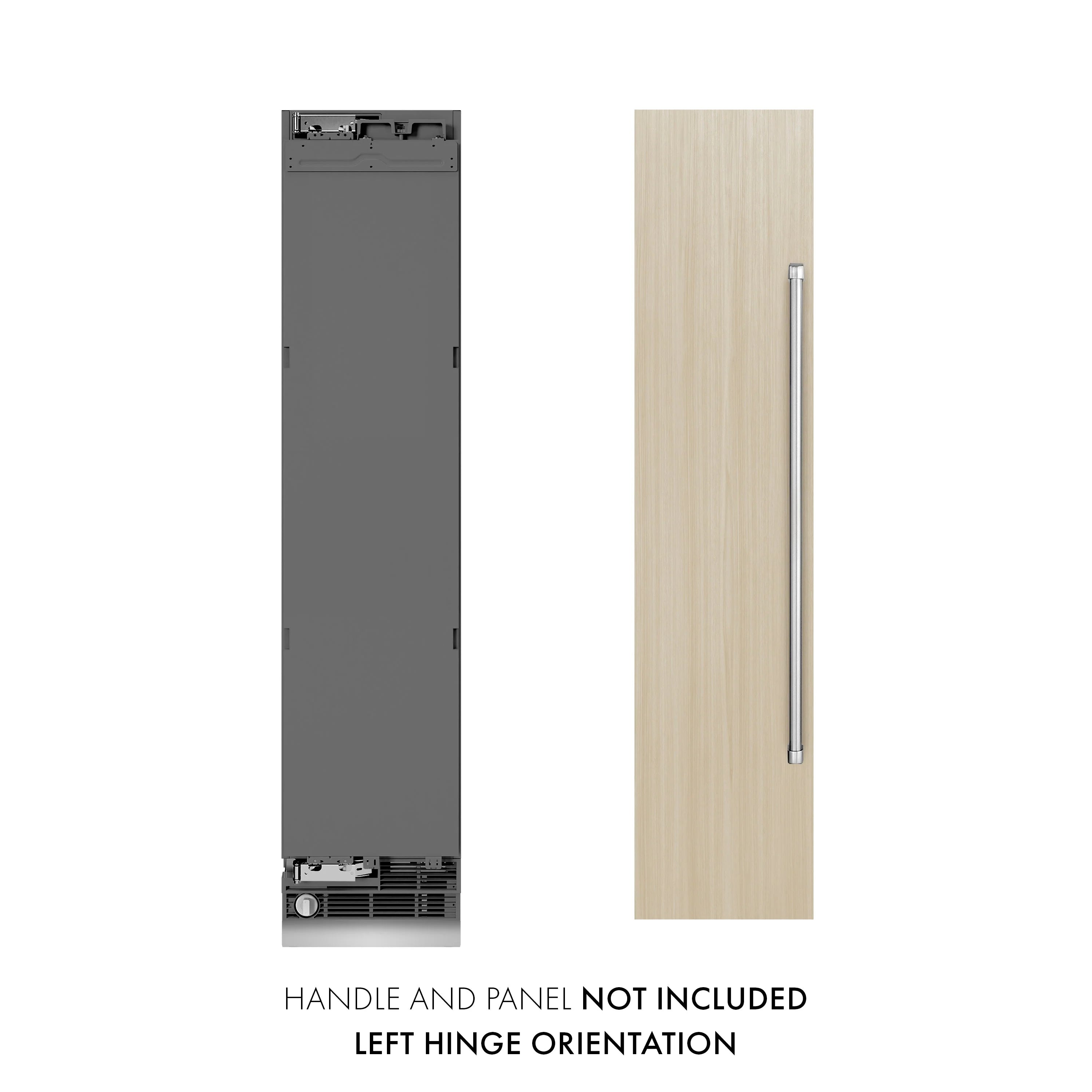 Left-hinge freezer door with gray cabinet and optional wood panel mockup