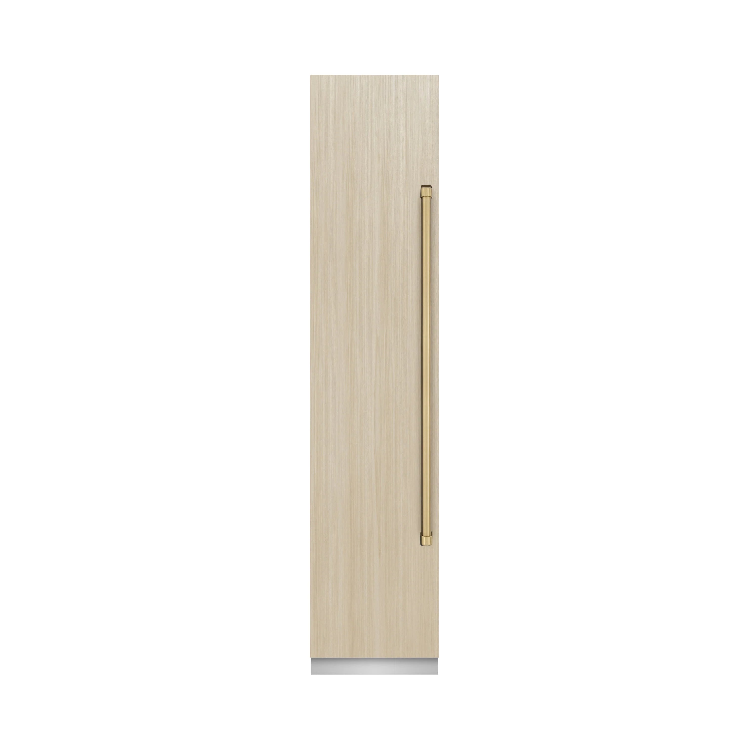 Wood panel insert with gold hinge hardware, sized for a panel-ready freezer door