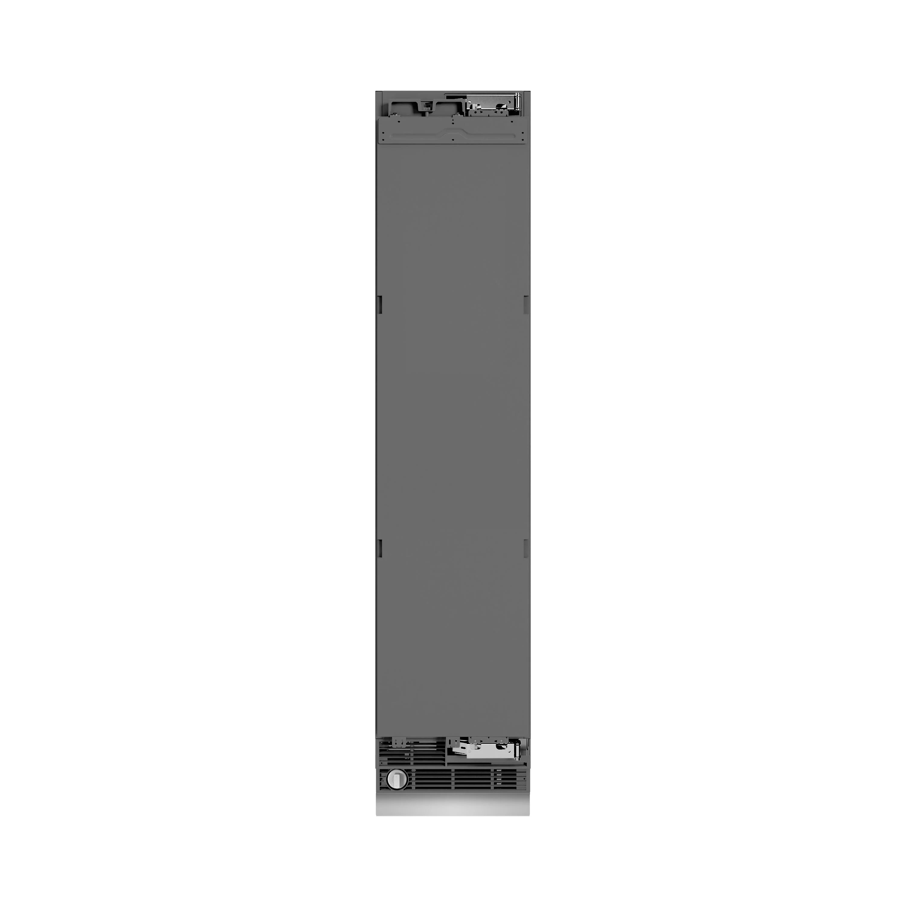 Panel-ready column freezer cabinet base view with hinge hardware at bottom