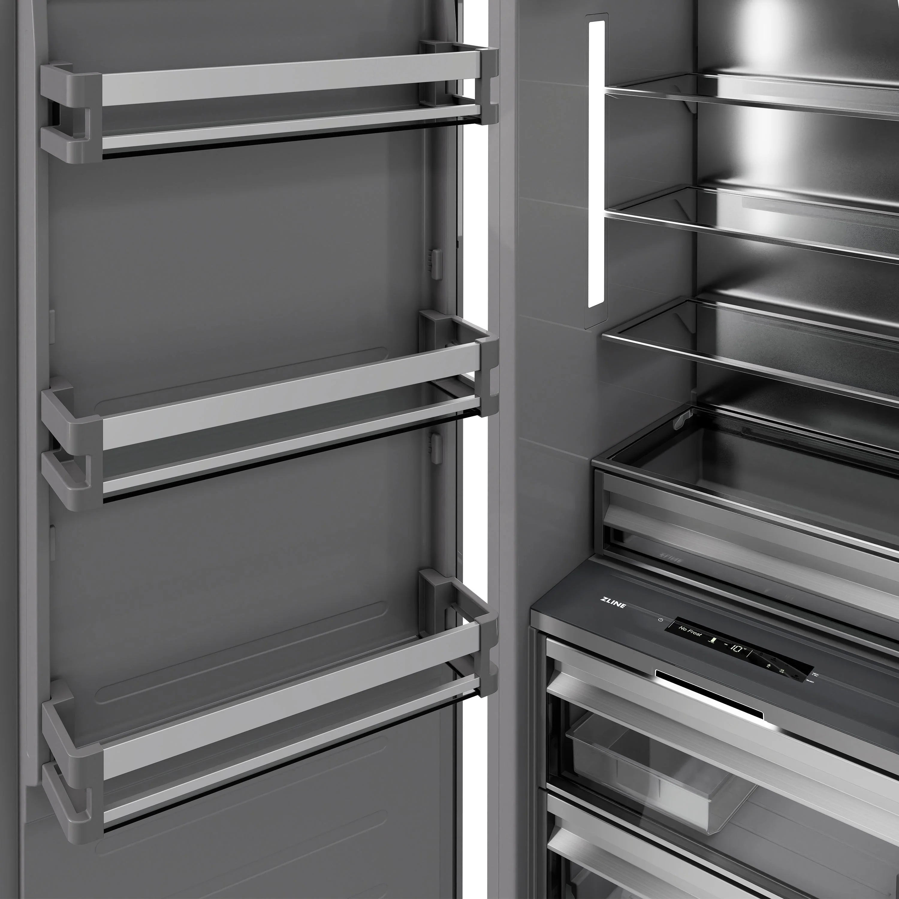 Panel-ready column freezer interior with adjustable shelves and drawer sections