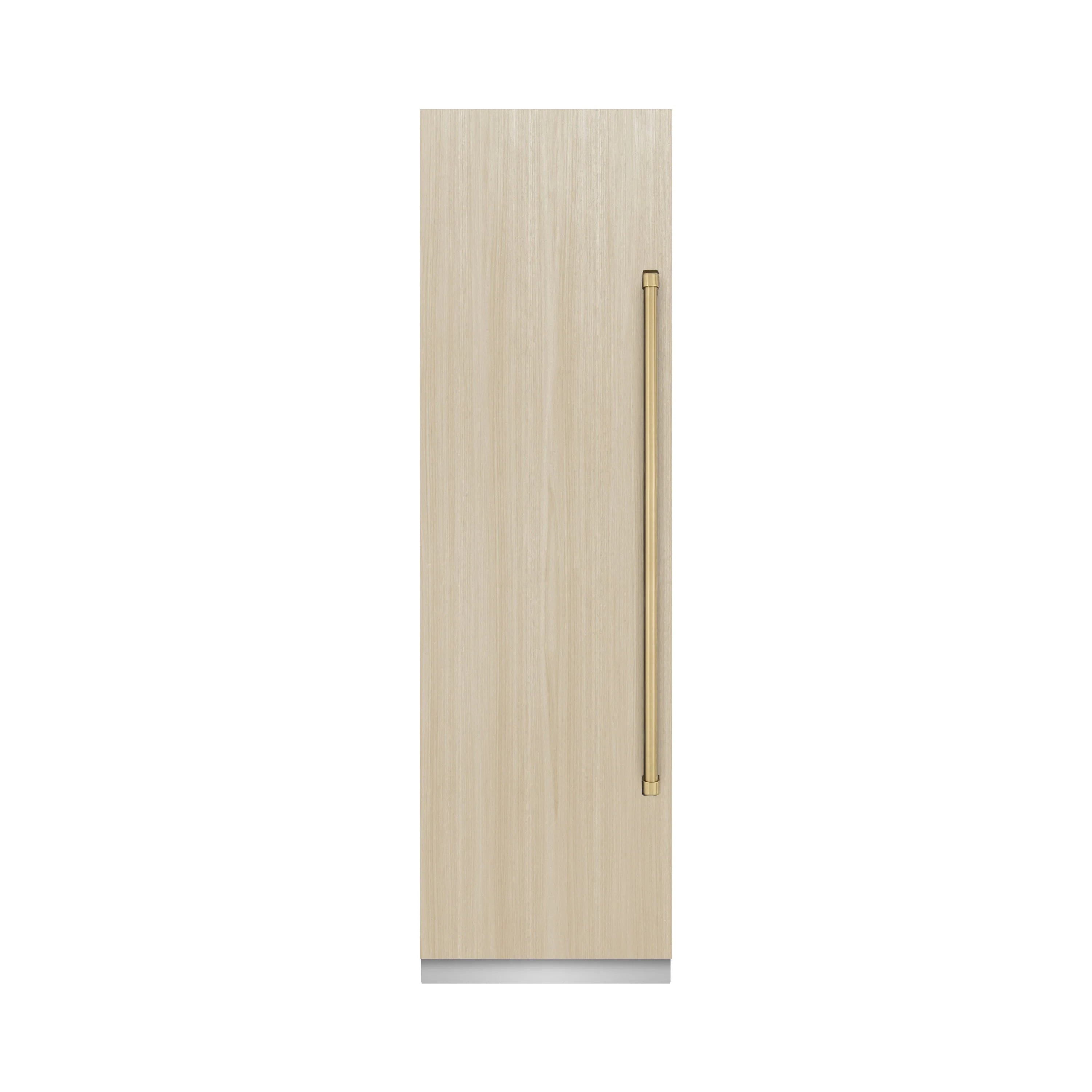 Panel-ready column freezer front with light wood panel and champagne bronze handle