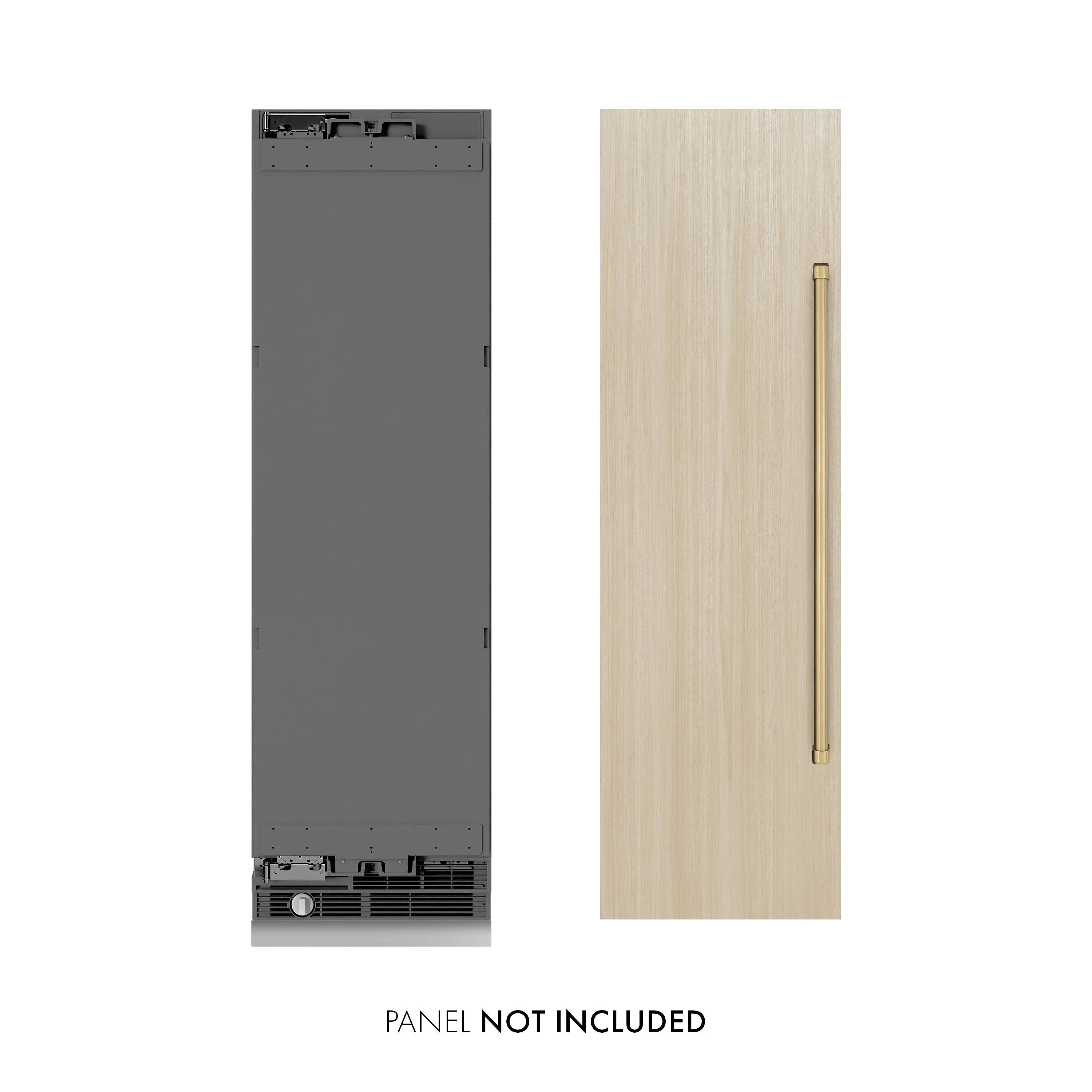 Panel-ready column freezer with graphite-gray base and wood panel option