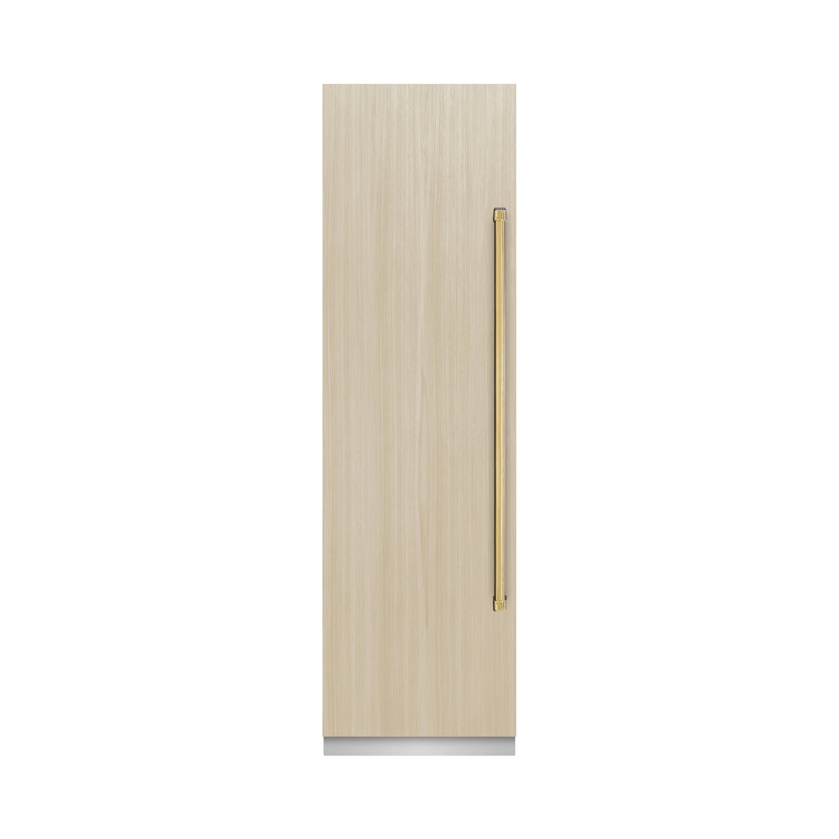 Light wood panel handle kit for a panel-ready column freezer door with gold-toned pull