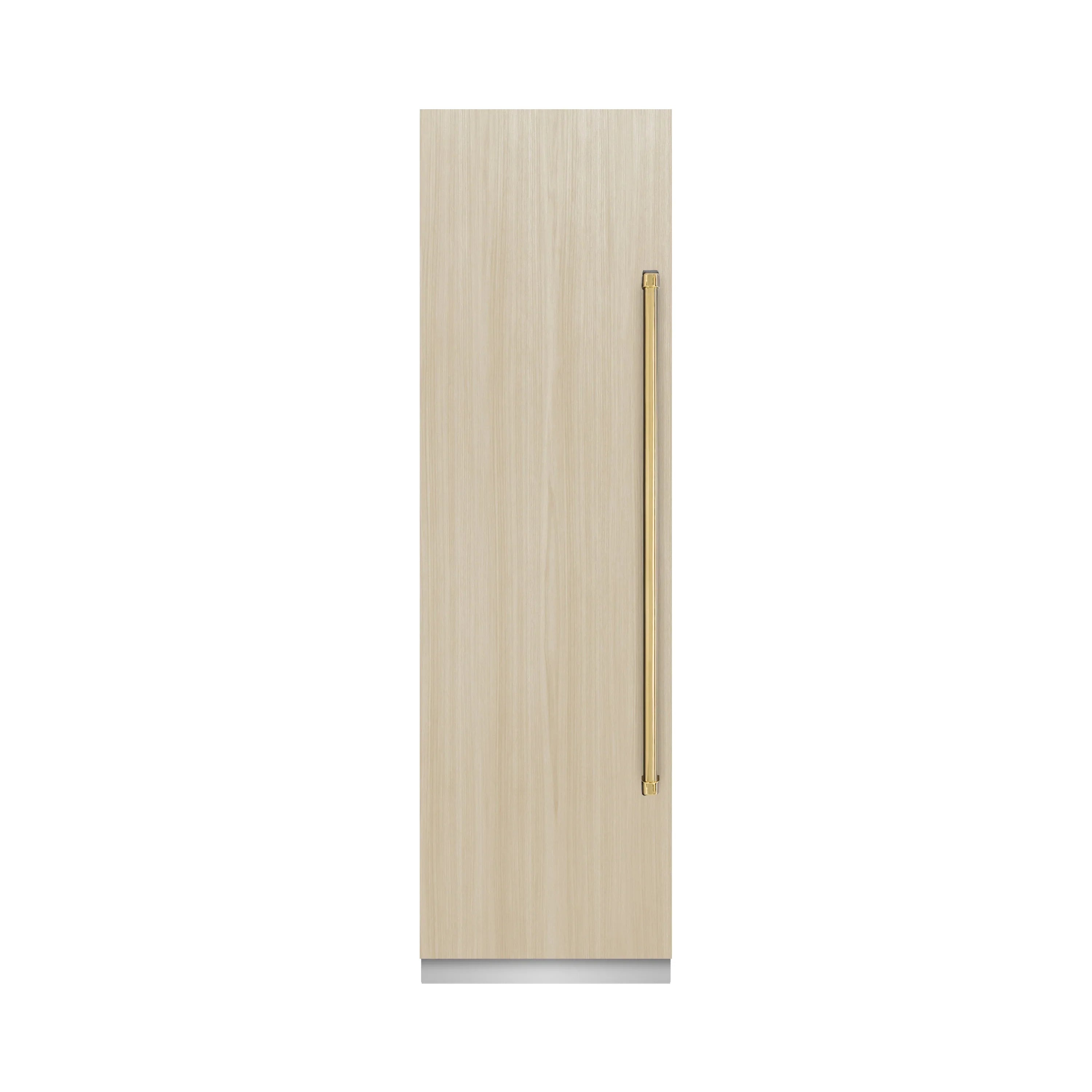 Panel-ready refrigerator-freezer door panel in light wood with gold vertical pull handles