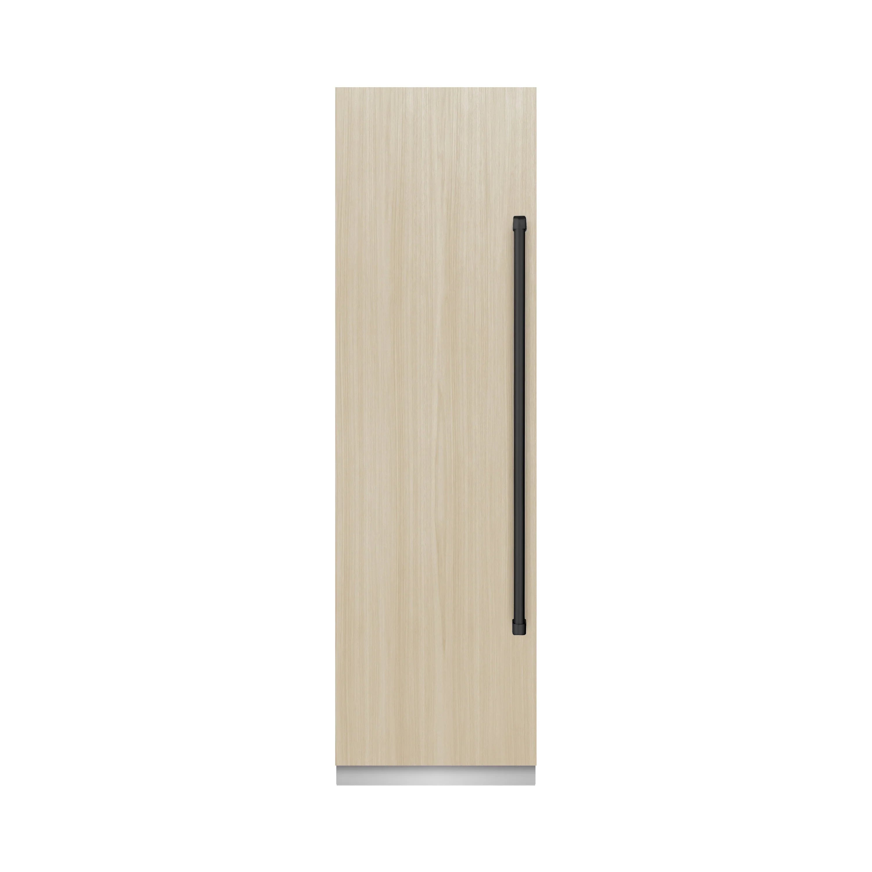 Panel-ready refrigerator/freezer with light wood panel door and black vertical handle