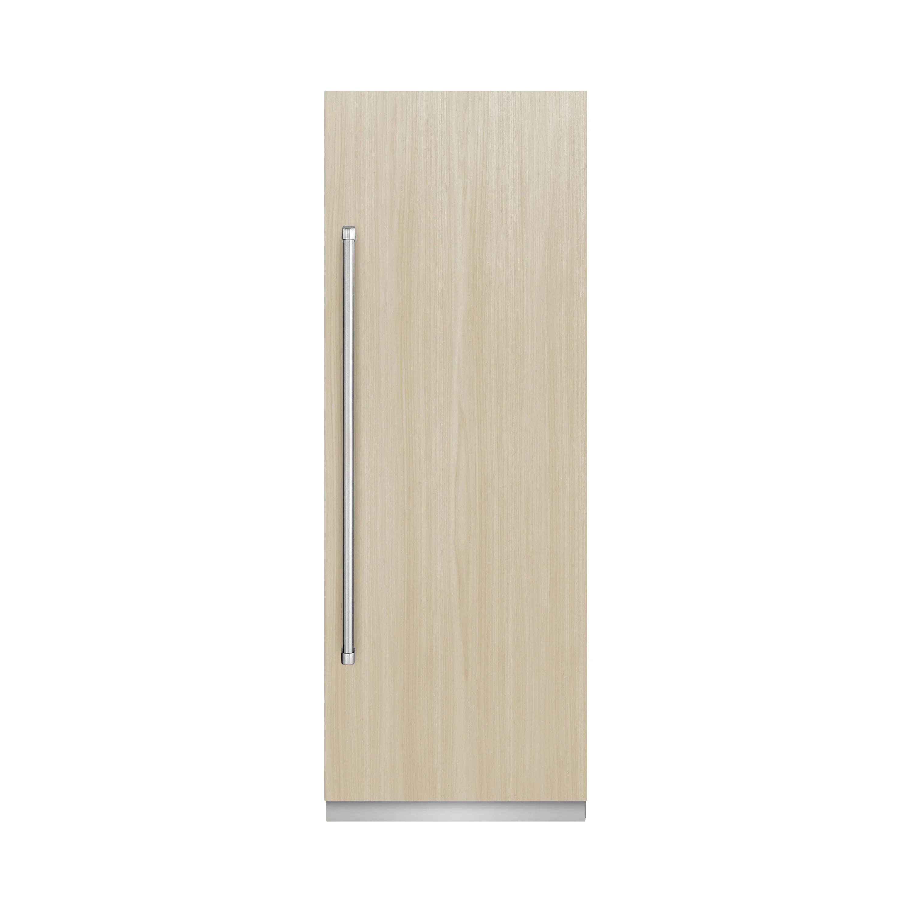 Panel-ready refrigerator door insert with light wood finish and vertical handle