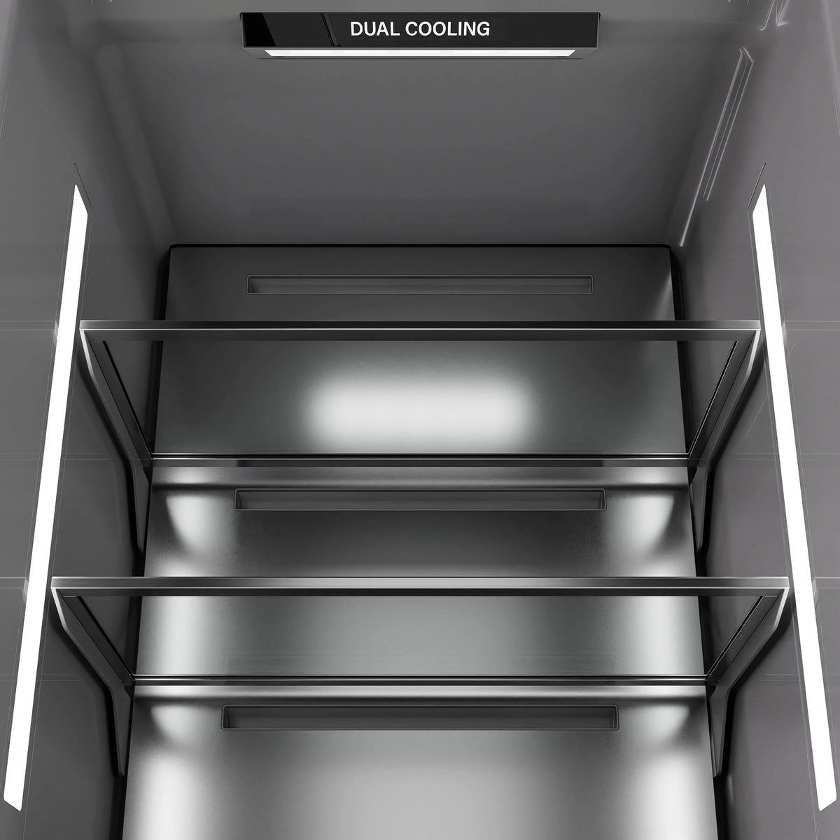 Panel-ready column refrigerator, open fresh food section with multi-level shelves